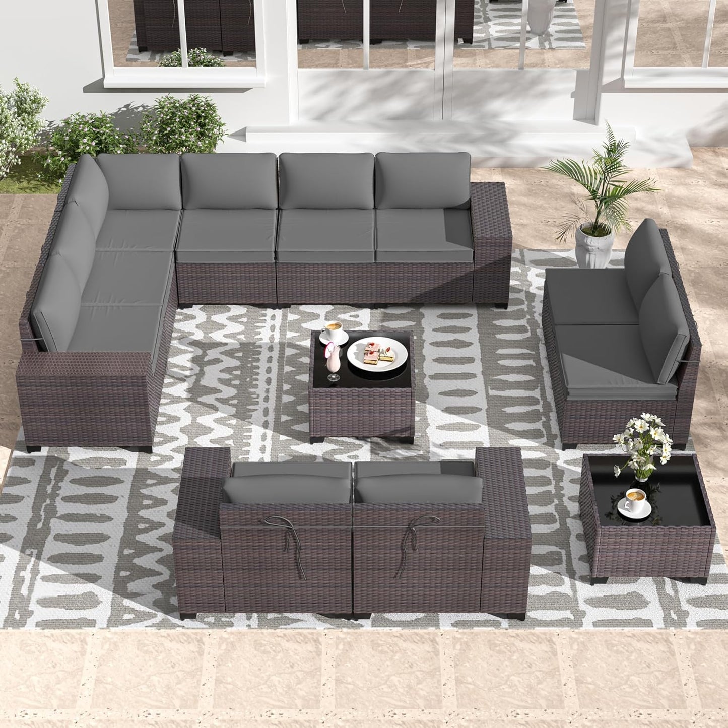 Gotland 7 Pieces Patio Furniture Set with 1 Coffee Table, 6 Seater Wicker Rattan Patio Set with 29.5'' High Backrest Thick Cushions Adjustable Foot Pads, for Porch Deck Garden Green Blue