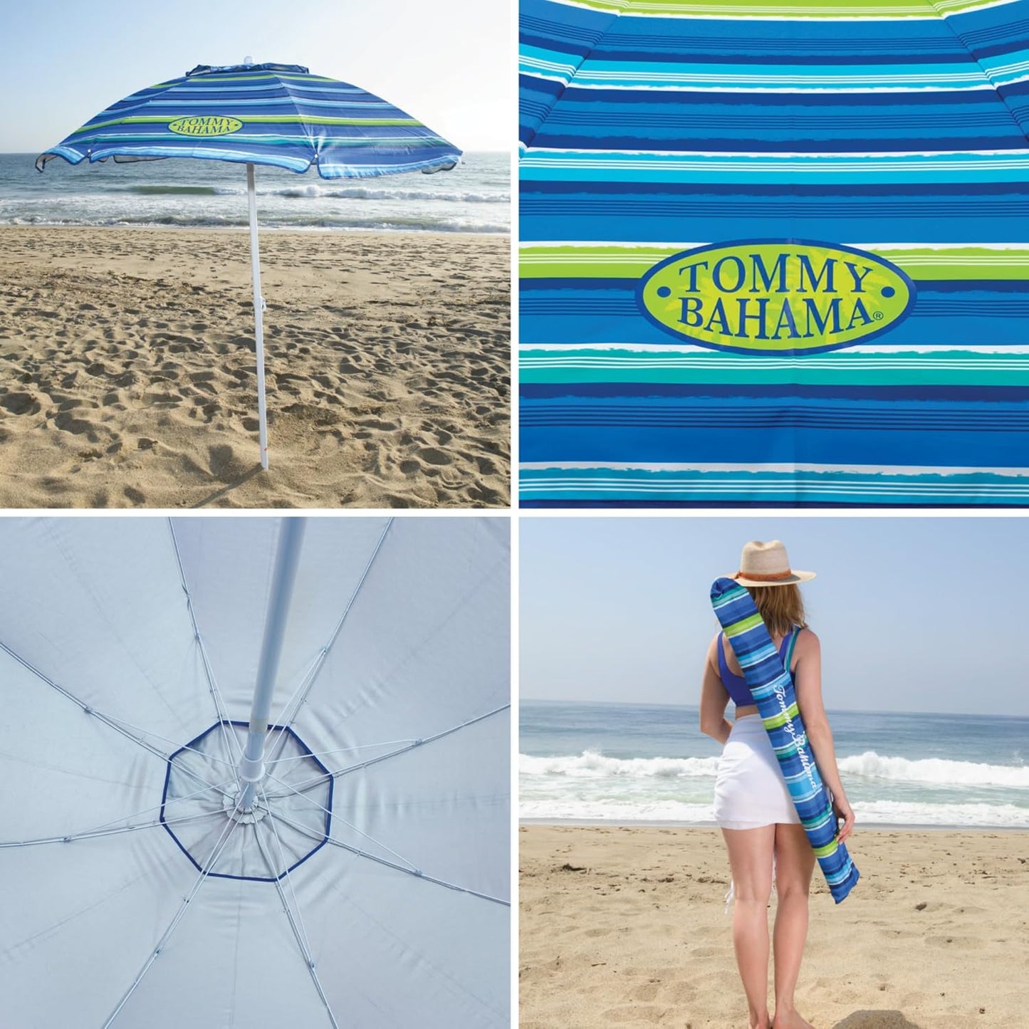 Tommy Bahama 6' UPF 50+ Tilt Beach Umbrella with Integrated Sand Anchor, Wind Vent, and Carry Bag