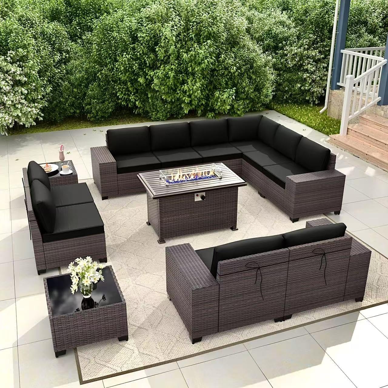 Gotland 7 Pieces Patio Furniture Set with 1 Coffee Table, 6 Seater Wicker Rattan Patio Set with 29.5'' High Backrest Thick Cushions Adjustable Foot Pads, for Porch Deck Garden Green Blue
