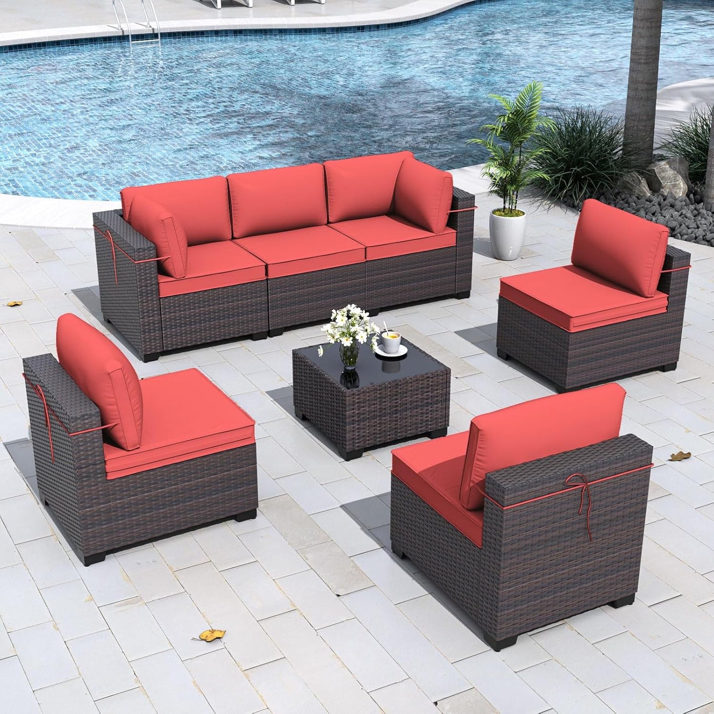 Gotland 7 Pieces Patio Furniture Set with 1 Coffee Table, 6 Seater Wicker Rattan Patio Set with 29.5'' High Backrest Thick Cushions Adjustable Foot Pads, for Porch Deck Garden Green Blue