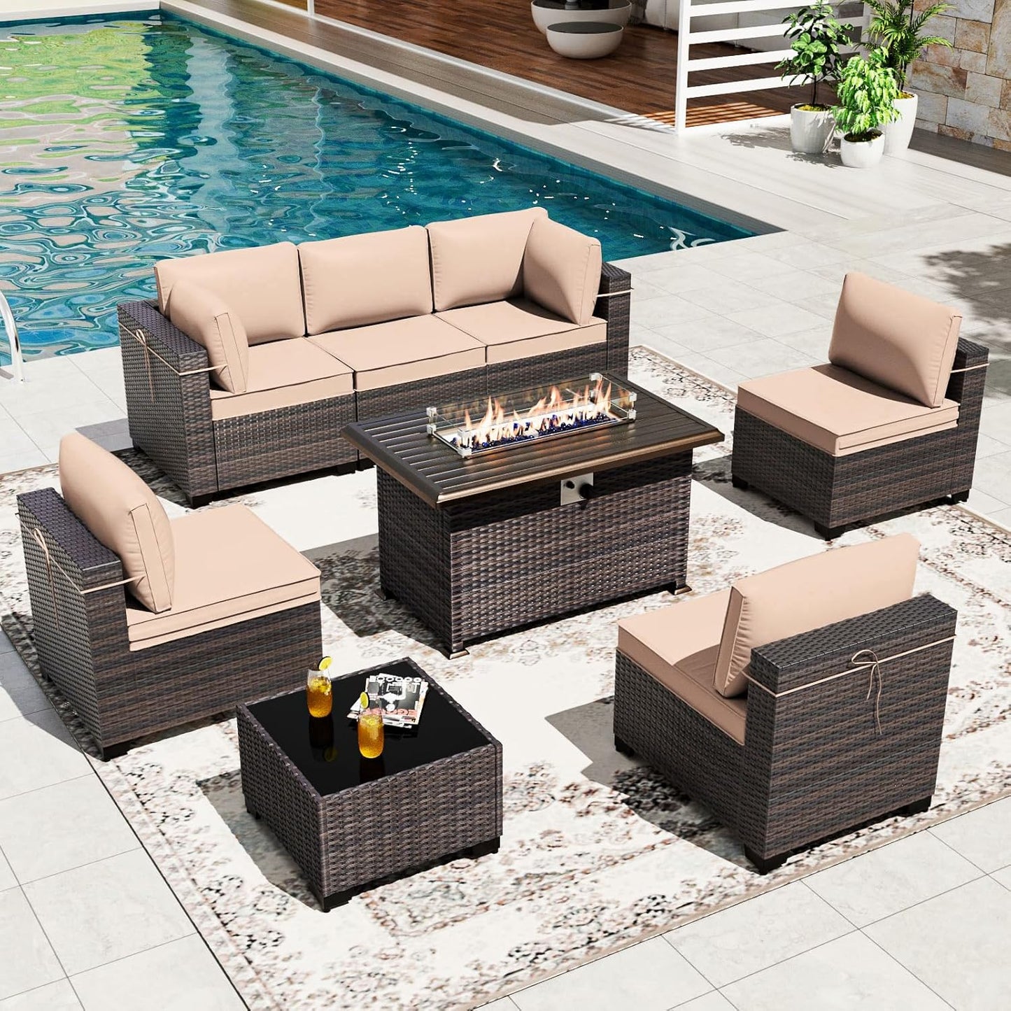 Gotland 7 Pieces Patio Furniture Set with 1 Coffee Table, 6 Seater Wicker Rattan Patio Set with 29.5'' High Backrest Thick Cushions Adjustable Foot Pads, for Porch Deck Garden Green Blue