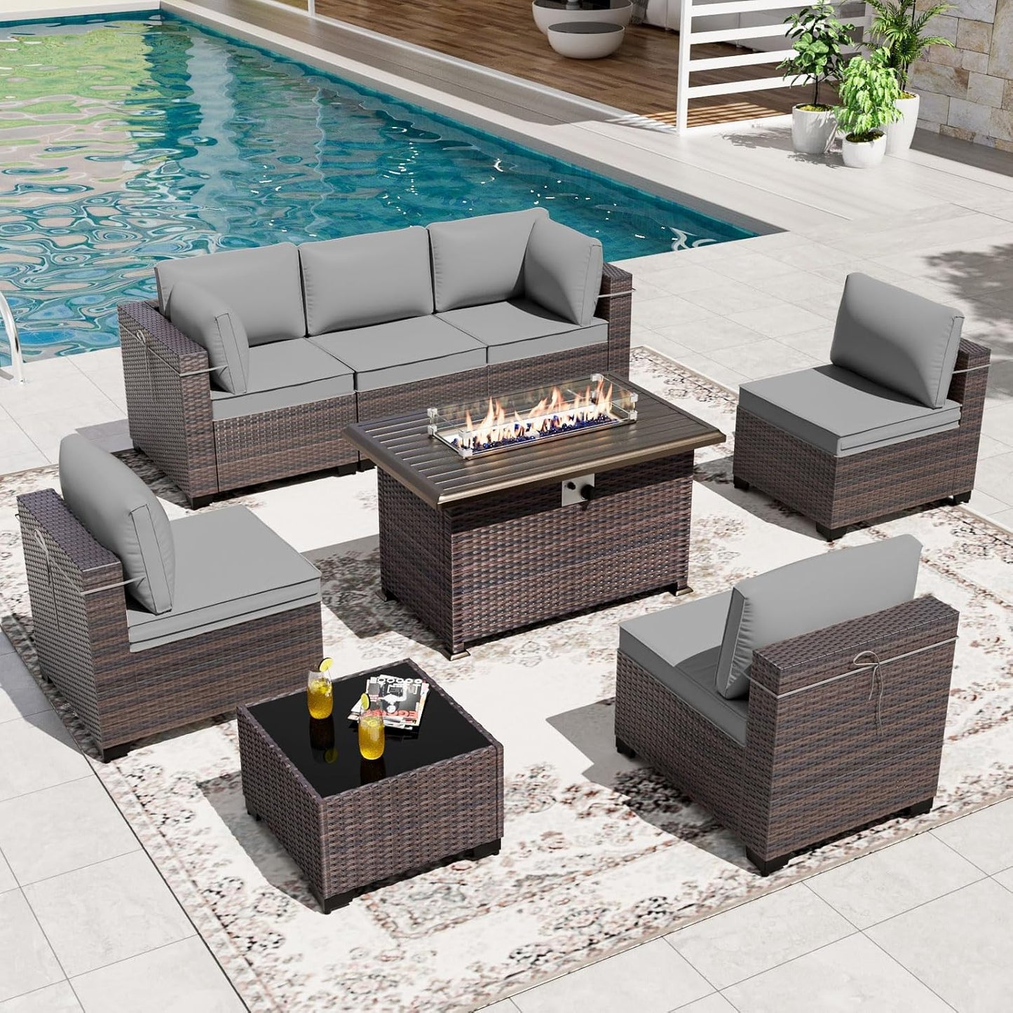 Gotland 7 Pieces Patio Furniture Set with 1 Coffee Table, 6 Seater Wicker Rattan Patio Set with 29.5'' High Backrest Thick Cushions Adjustable Foot Pads, for Porch Deck Garden Green Blue