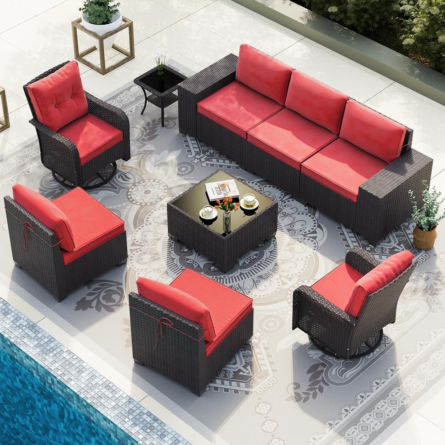 Gotland 7 Pieces Patio Furniture Set with 1 Coffee Table, 6 Seater Wicker Rattan Patio Set with 29.5'' High Backrest Thick Cushions Adjustable Foot Pads, for Porch Deck Garden Green Blue