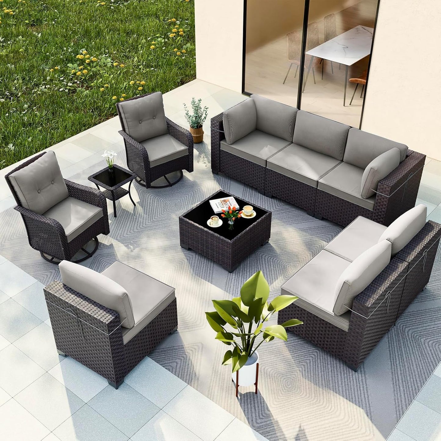 Gotland 7 Pieces Patio Furniture Set with 1 Coffee Table, 6 Seater Wicker Rattan Patio Set with 29.5'' High Backrest Thick Cushions Adjustable Foot Pads, for Porch Deck Garden Green Blue