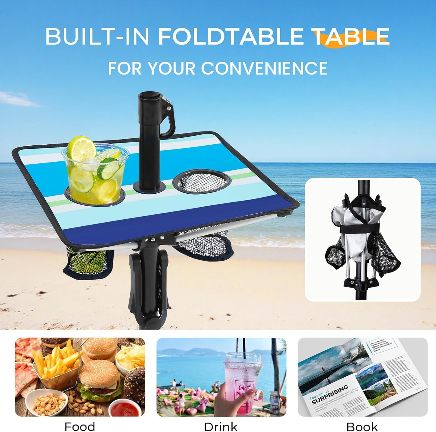 HOMEDEMO 7ft Beach Umbrellas For Sand Heavy Duty Wind, Portable Beach Umbrella UPF 50+ Windproof Outdoor Beach Umbrella with Sand Anchor, Tilt Pole, Carry Bag, Table Tray, Vent and Hook
