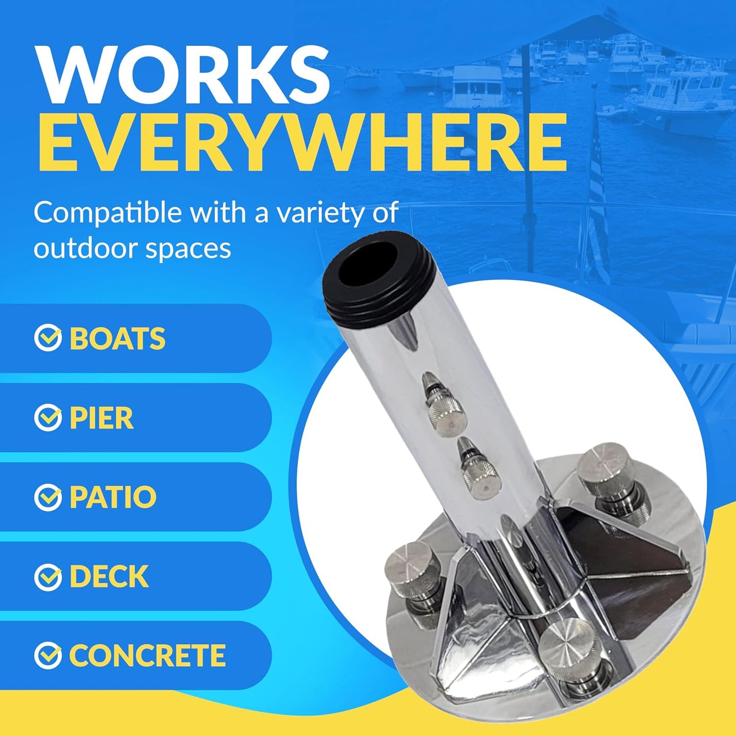 Space-Saving Breezelock™ Dock & Boat Flag/Umbrella Stand - Multi-Purpose Stainless Steel Outdoor Umbrella Stand with Anchoring System – Easy to Install on Any Surface and Supports 2,500 lbs