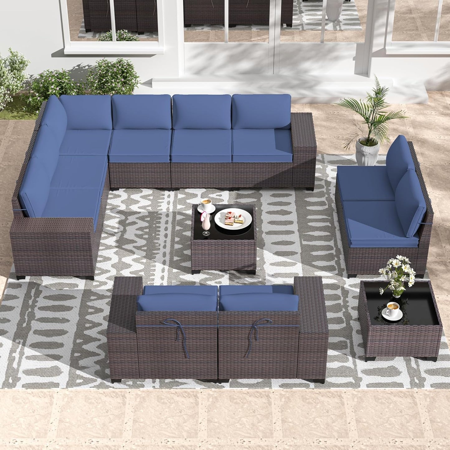 Gotland 7 Pieces Patio Furniture Set with 1 Coffee Table, 6 Seater Wicker Rattan Patio Set with 29.5'' High Backrest Thick Cushions Adjustable Foot Pads, for Porch Deck Garden Green Blue