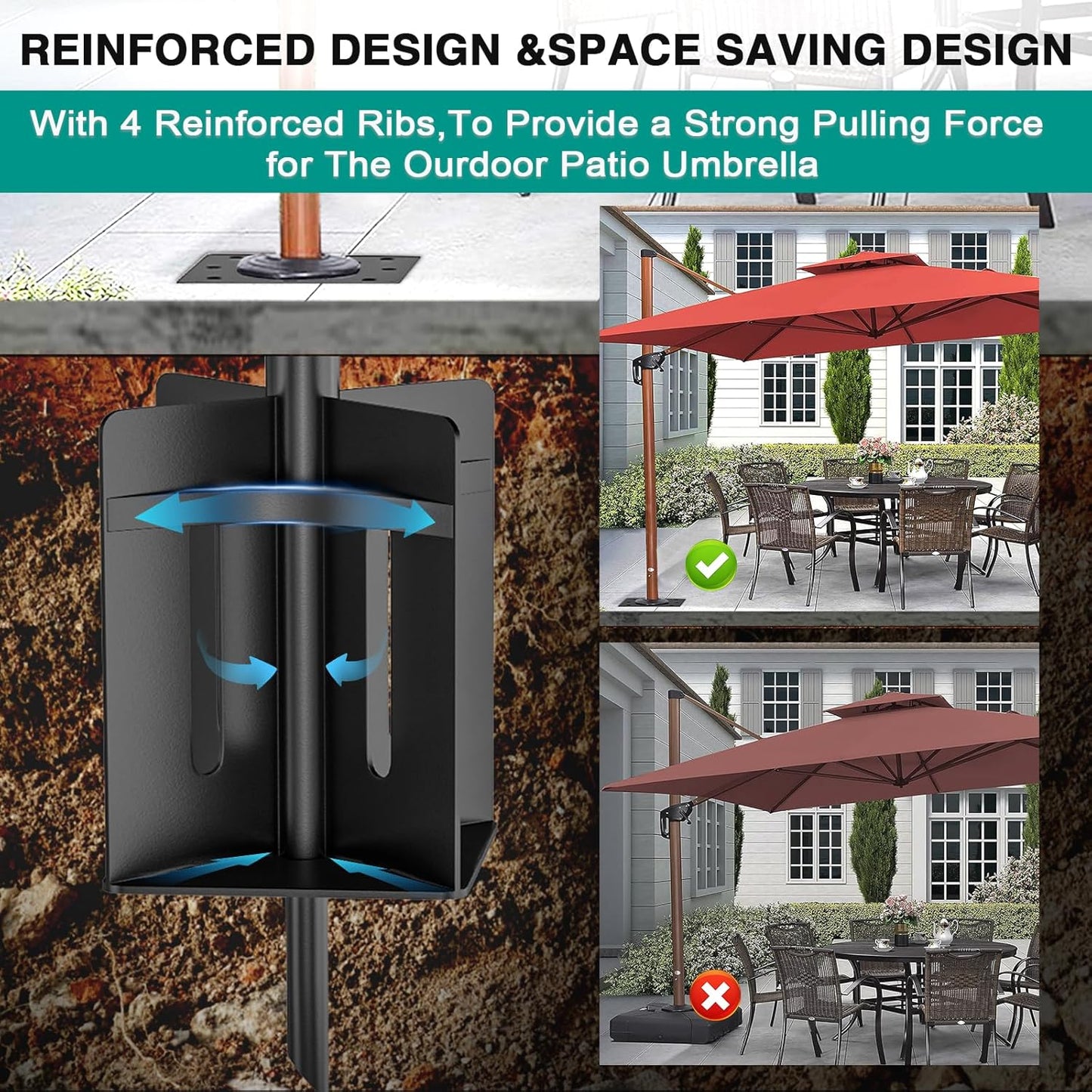 In-ground Umbrella Base with Umbrella Stand Tube Hanging Parasol Stand Holder Stainless Steels Outdoor Umbrella Base, Black