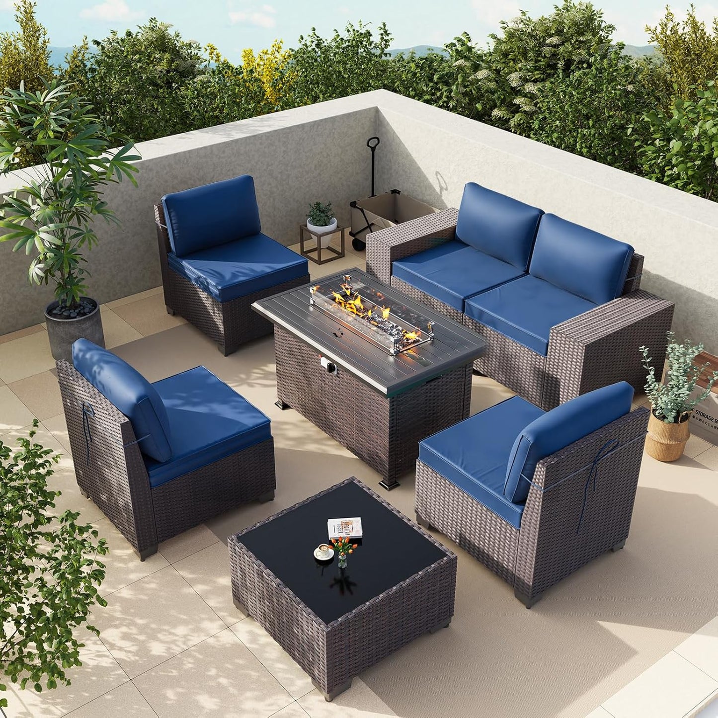Gotland 7 Pieces Patio Furniture Set with 1 Coffee Table, 6 Seater Wicker Rattan Patio Set with 29.5'' High Backrest Thick Cushions Adjustable Foot Pads, for Porch Deck Garden Green Blue