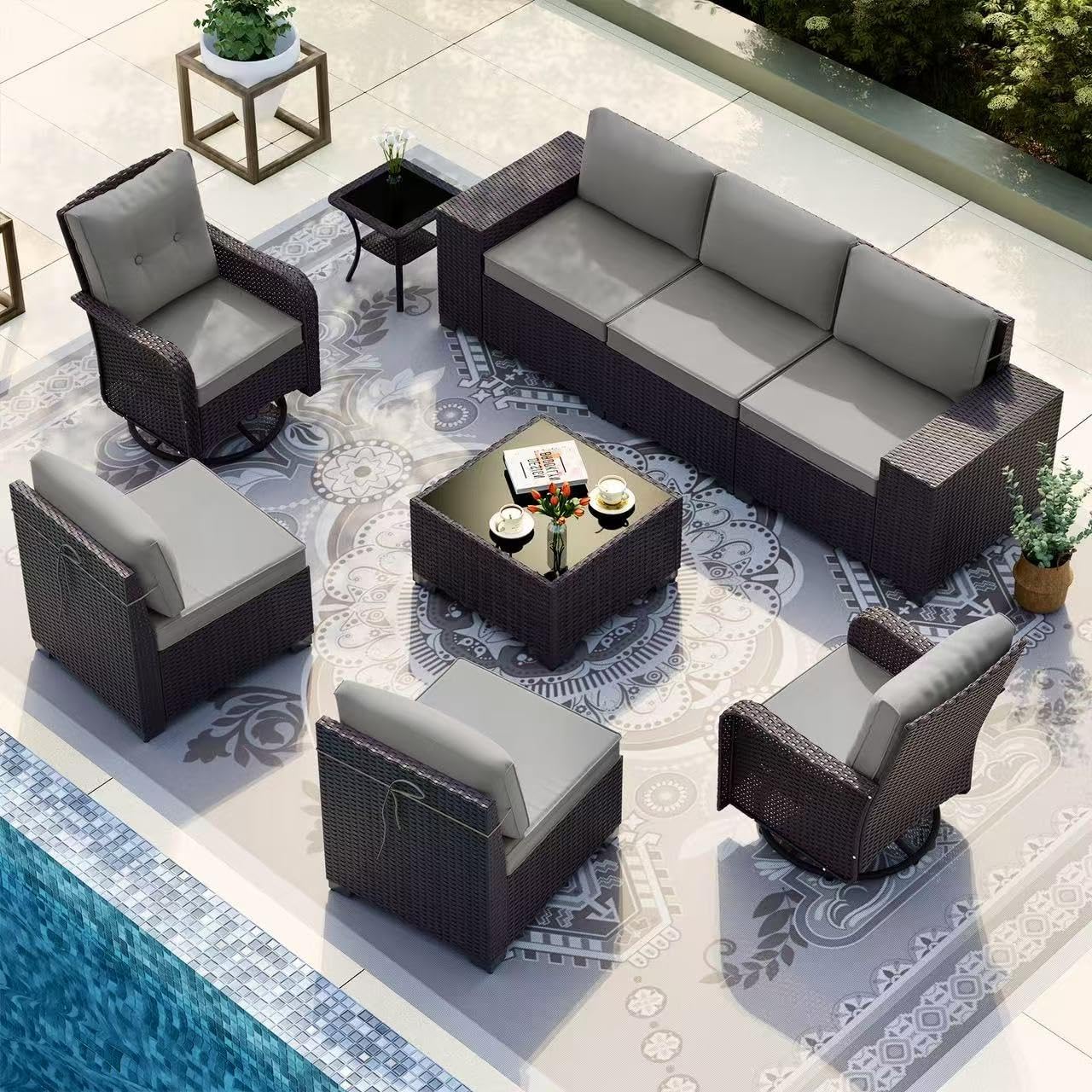 Gotland 7 Pieces Patio Furniture Set with 1 Coffee Table, 6 Seater Wicker Rattan Patio Set with 29.5'' High Backrest Thick Cushions Adjustable Foot Pads, for Porch Deck Garden Green Blue