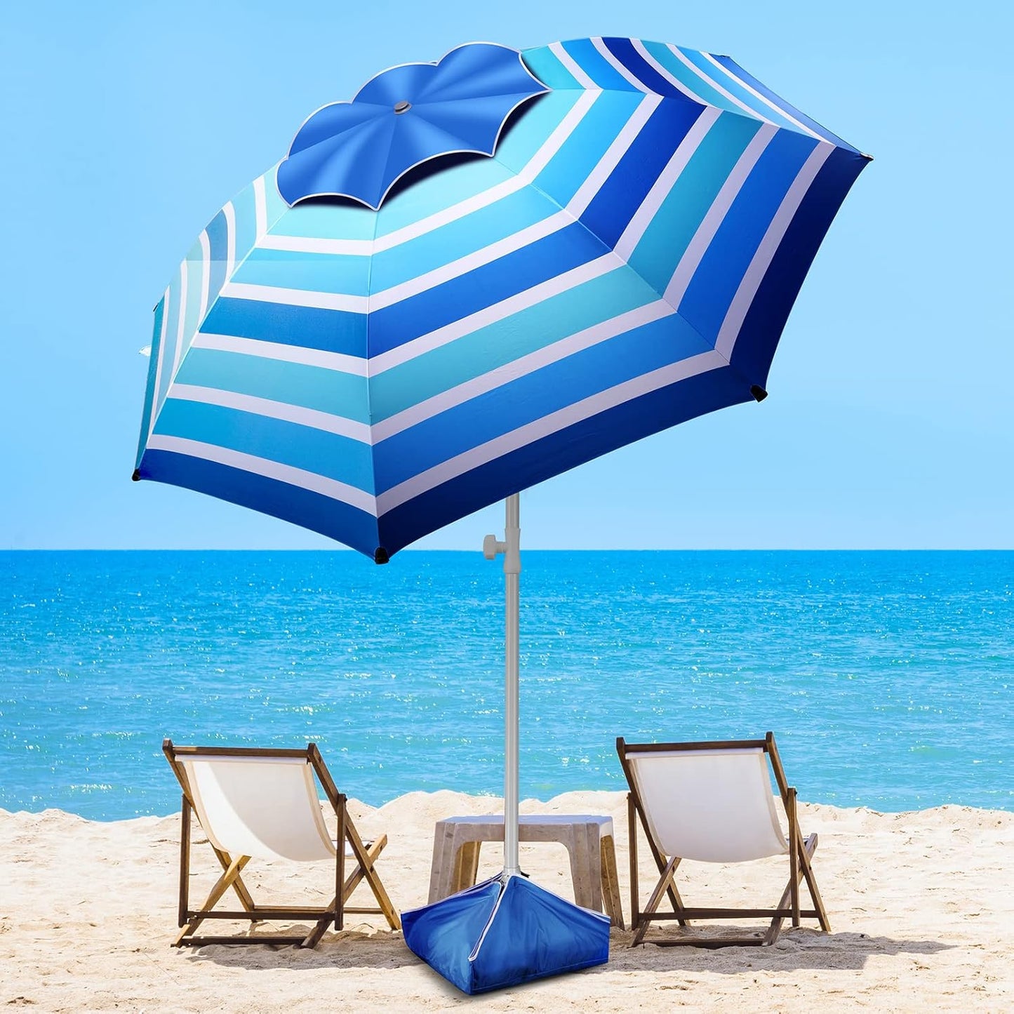 8FT Large Beach Umbrella with Level 7 Wind Resistance, Sand Anchor, Portable Outdoor Umbrella with UPF50+ UV Protection, Tilt Sun Shelter for Beach, Patio, Yard