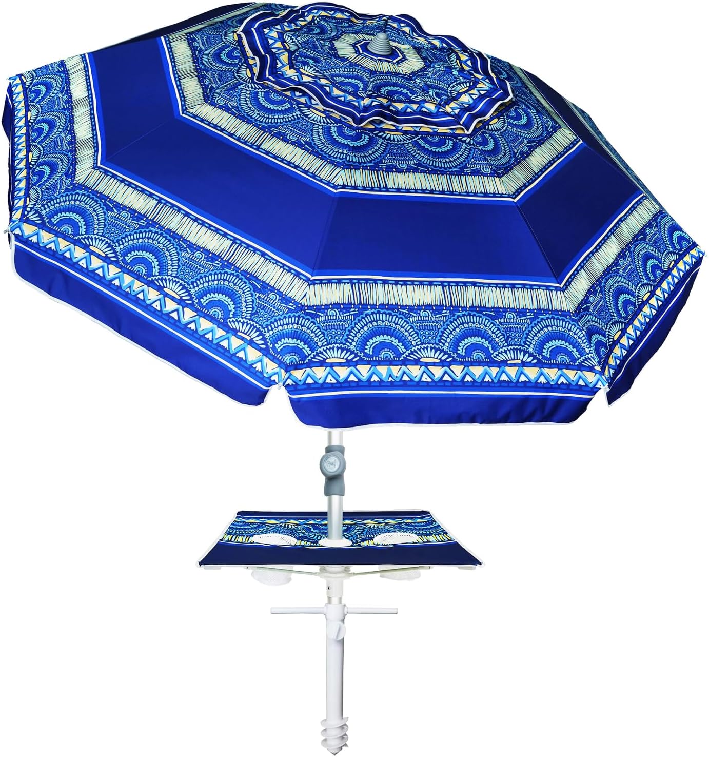 AMMSUN 7ft Heavy Duty High Wind Beach Umbrella with sand anchor, Built-in Table Tray Vent Tilt Pole, UPF 50+ Windproof Portable Outdoor Umbrellas Carry Bag for Patio Garden Pool Backyard Navy