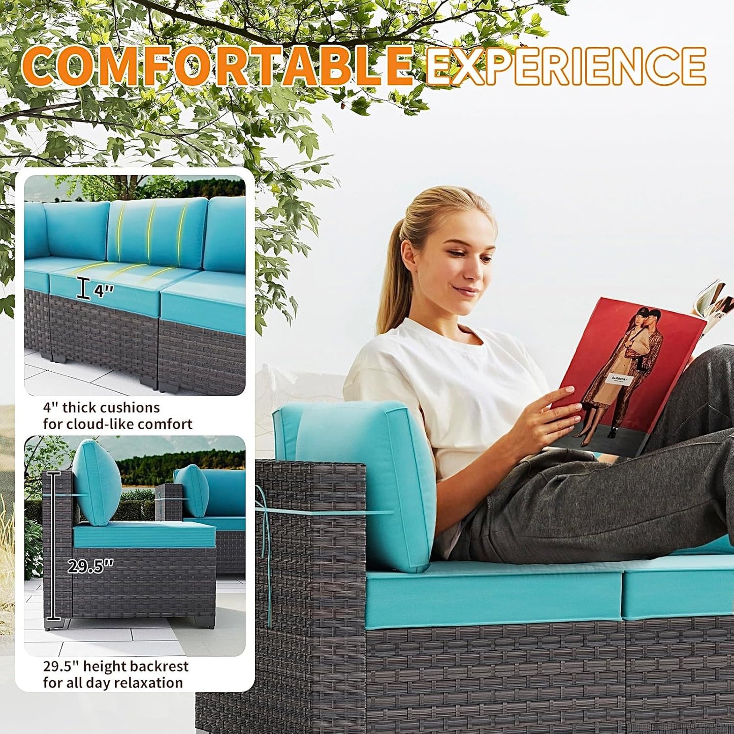 Gotland 7 Pieces Patio Furniture Set with 1 Coffee Table, 6 Seater Wicker Rattan Patio Set with 29.5'' High Backrest Thick Cushions Adjustable Foot Pads, for Porch Deck Garden Green Blue