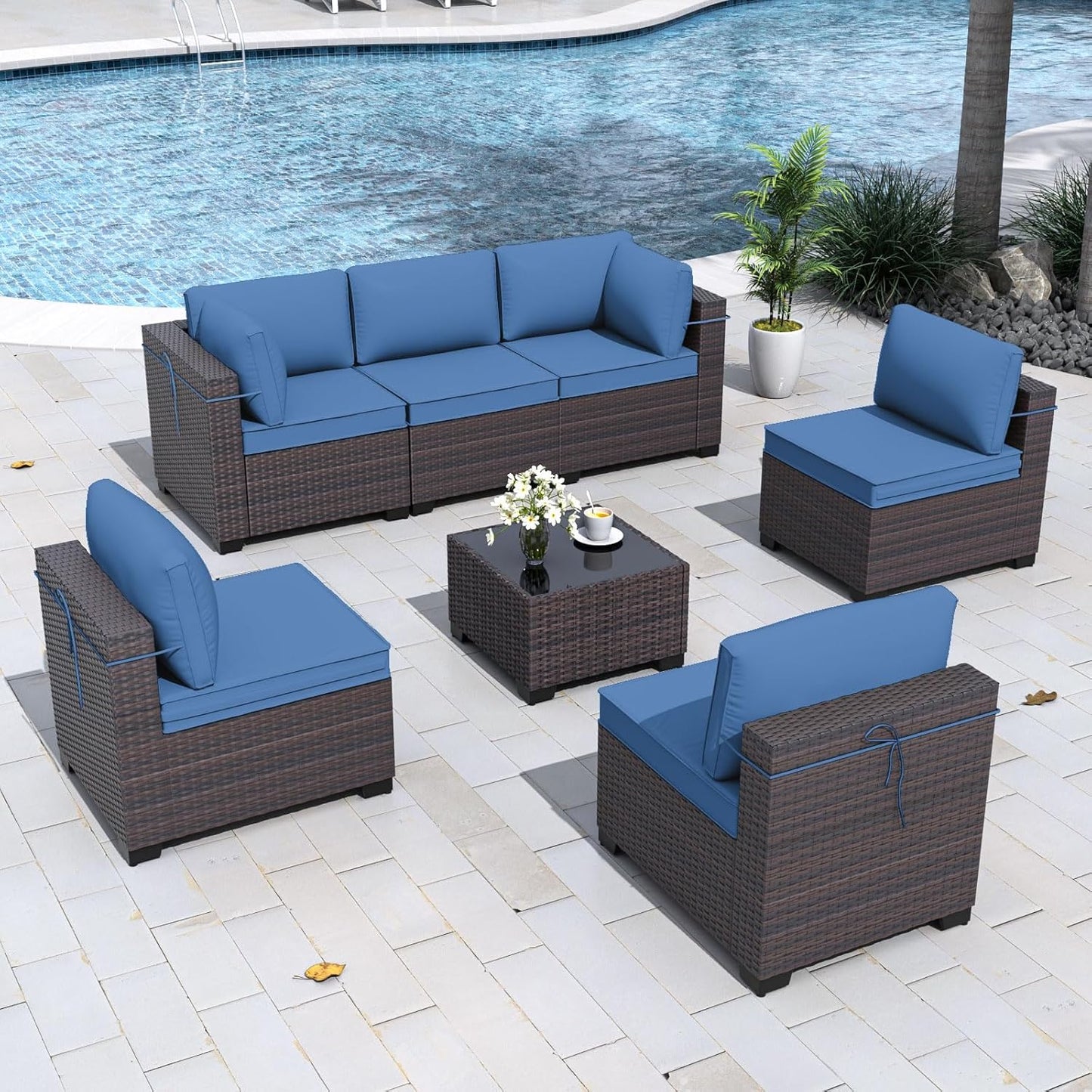 Gotland 7 Pieces Patio Furniture Set with 1 Coffee Table, 6 Seater Wicker Rattan Patio Set with 29.5'' High Backrest Thick Cushions Adjustable Foot Pads, for Porch Deck Garden Green Blue