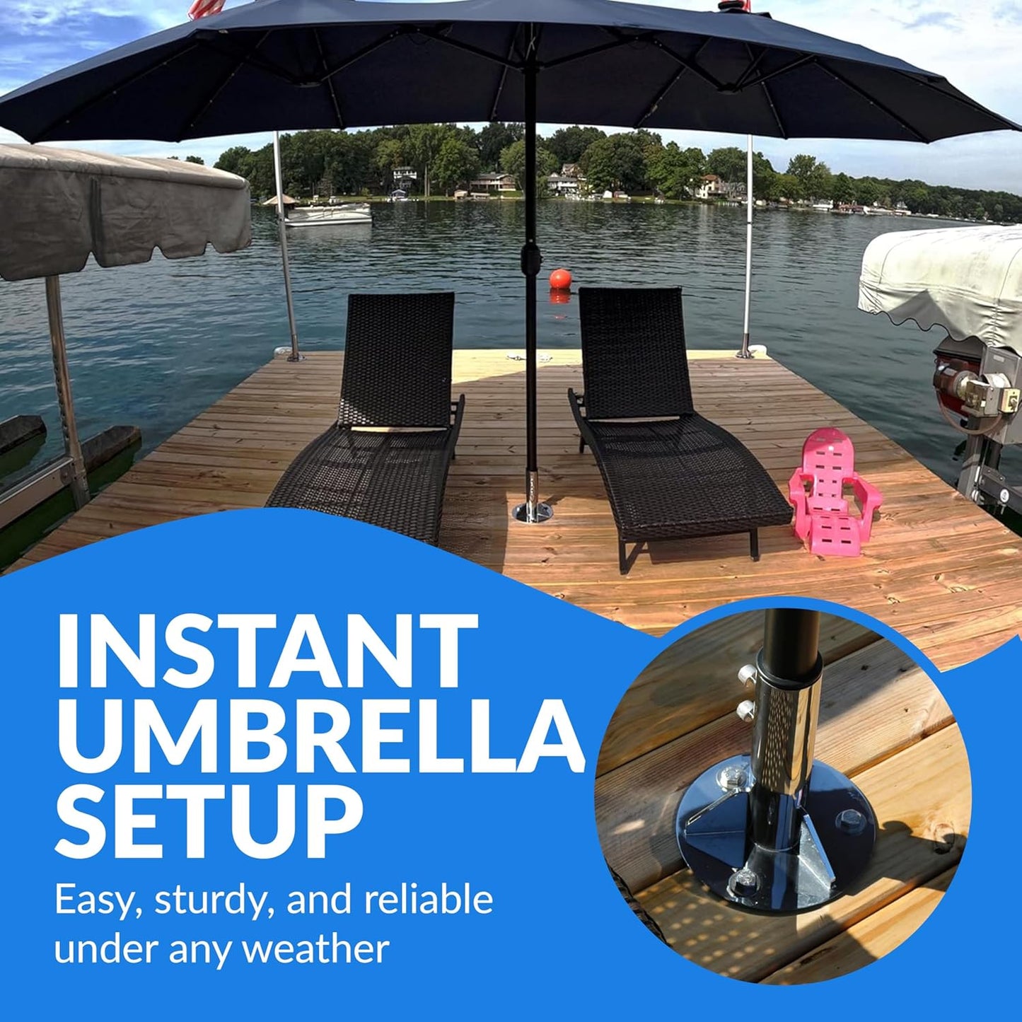Space-Saving Breezelock™ Dock & Boat Flag/Umbrella Stand - Multi-Purpose Stainless Steel Outdoor Umbrella Stand with Anchoring System – Easy to Install on Any Surface and Supports 2,500 lbs
