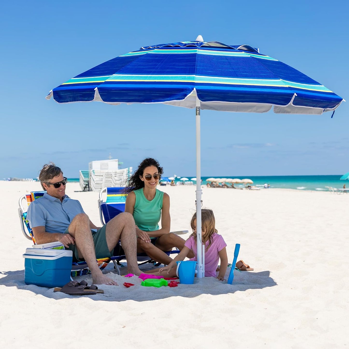AMMSUN 8 Feet Large Beach Umbrella with Sand Anchor Heavy Duty High Wind Portable Outdoor Umbrellas UV 50+ Protection Air Vent Tilt Patio Garden Pool