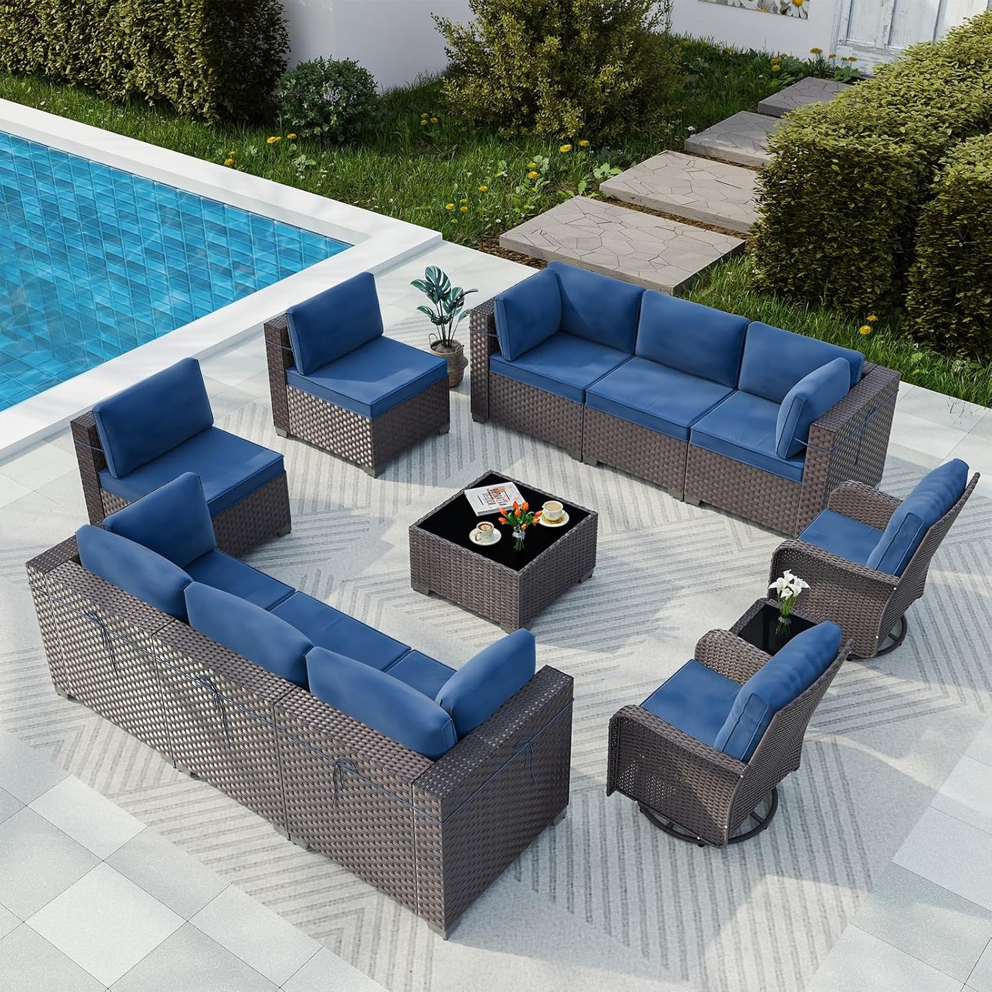 Gotland 7 Pieces Patio Furniture Set with 1 Coffee Table, 6 Seater Wicker Rattan Patio Set with 29.5'' High Backrest Thick Cushions Adjustable Foot Pads, for Porch Deck Garden Green Blue