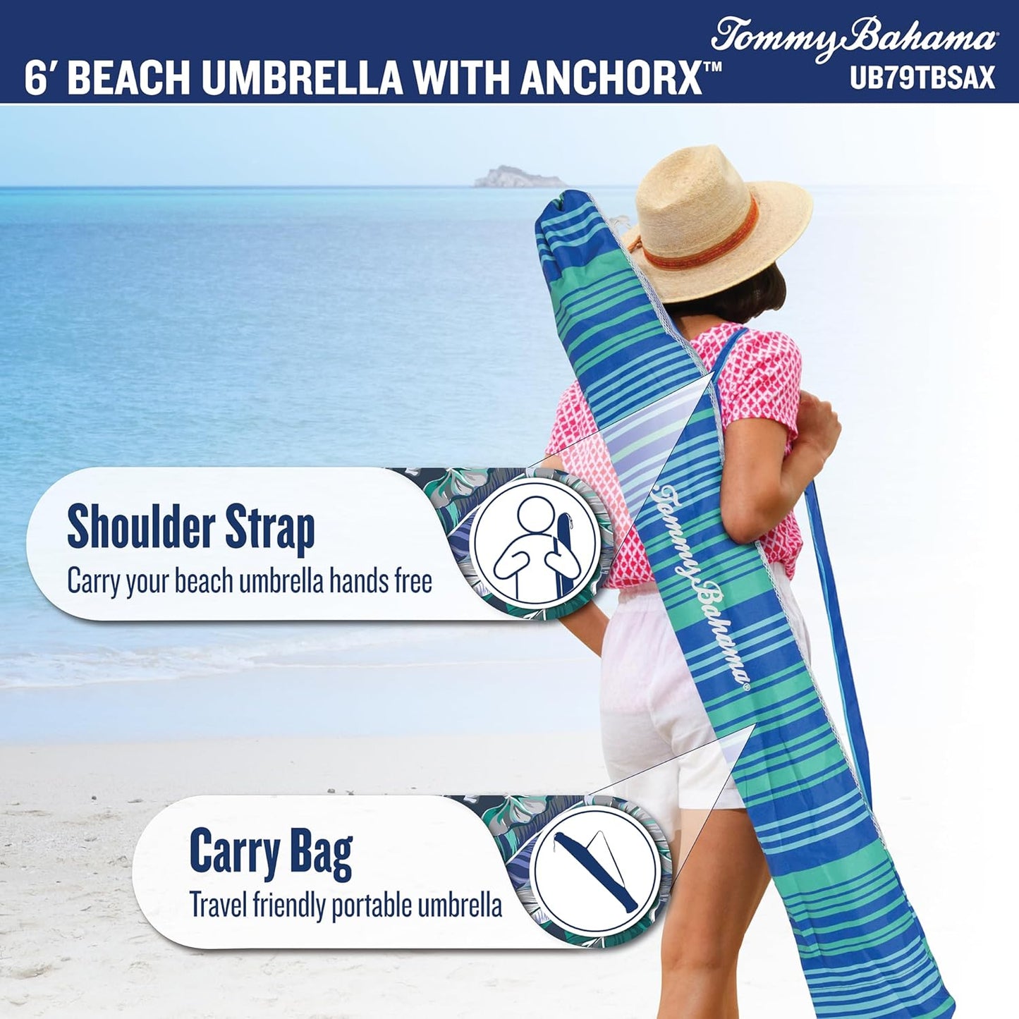 Tommy Bahama ANCHORX Adjustable Beach Umbrella Base System with Sand Anchor and Carrying Bag, SPF 50+ Protection Portable Outdoor Market Umbrella