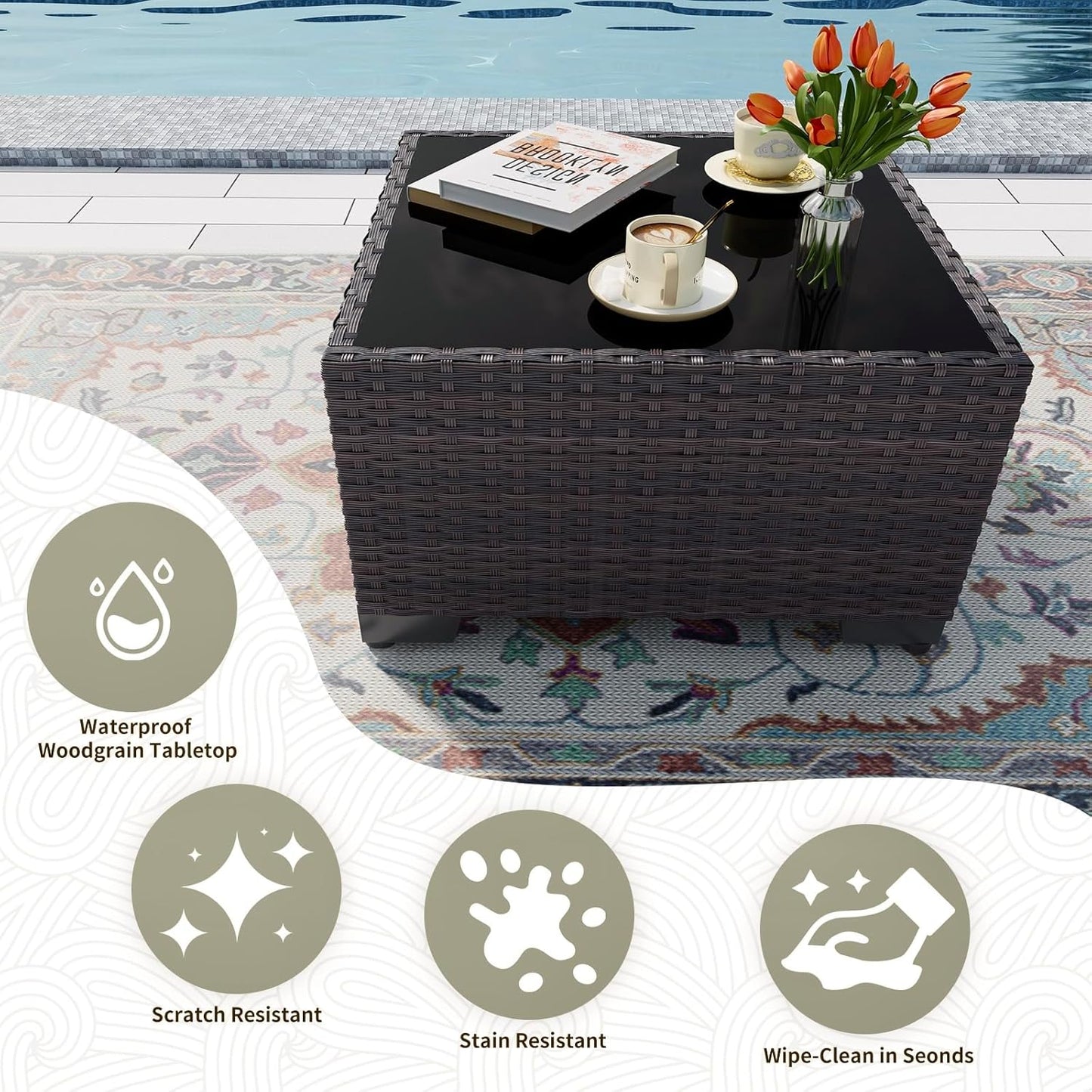 Gotland 7 Pieces Patio Furniture Set with 1 Coffee Table, 6 Seater Wicker Rattan Patio Set with 29.5'' High Backrest Thick Cushions Adjustable Foot Pads, for Porch Deck Garden Green Blue