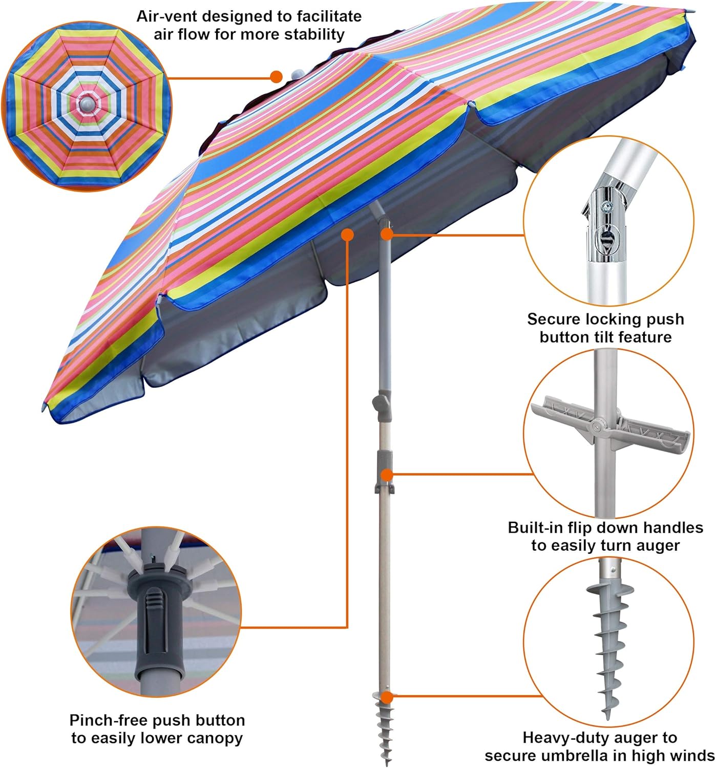 Blissun 7.2' Beach Umbrella with Sand Anchor, Outdoor Portable Beach Umbrella for Sand with Tilt Pole, Carry Bag, Air Vent