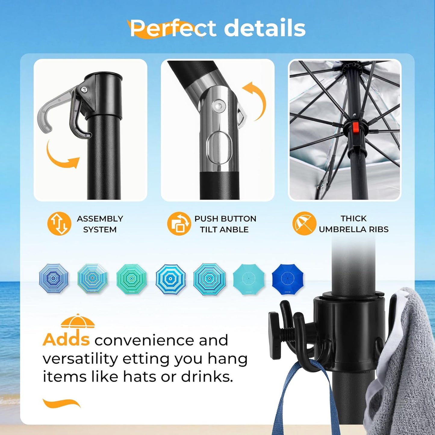 HOMEDEMO 7ft Beach Umbrellas For Sand Heavy Duty Wind, Portable Beach Umbrella UPF 50+ Windproof Outdoor Beach Umbrella with Sand Anchor, Tilt Pole, Carry Bag, Table Tray, Vent and Hook