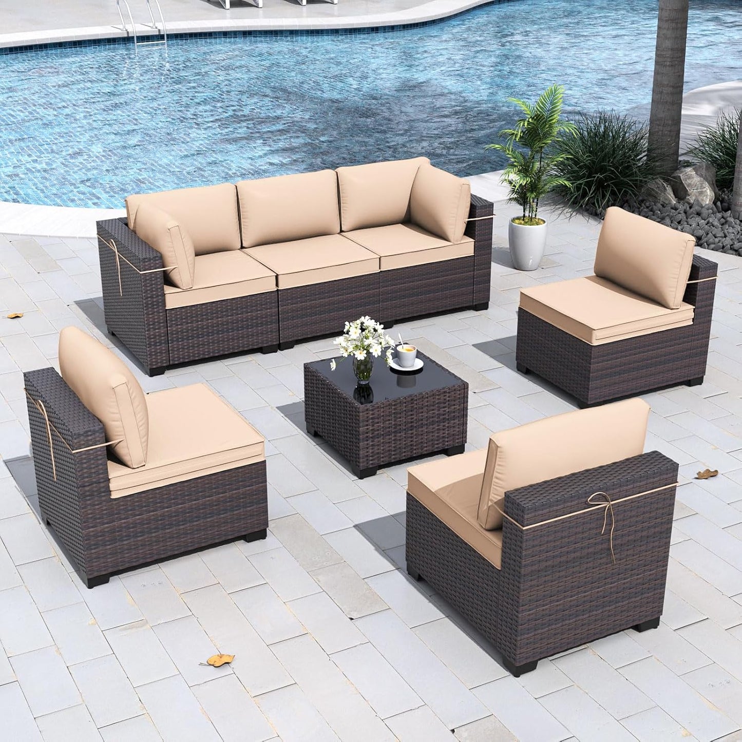 Gotland 7 Pieces Patio Furniture Set with 1 Coffee Table, 6 Seater Wicker Rattan Patio Set with 29.5'' High Backrest Thick Cushions Adjustable Foot Pads, for Porch Deck Garden Green Blue