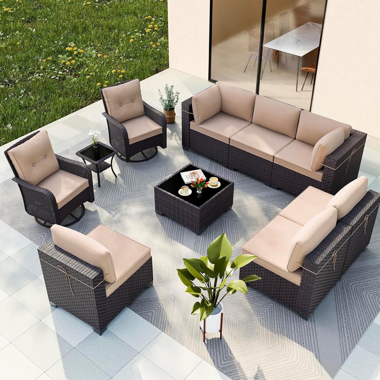 Gotland 7 Pieces Patio Furniture Set with 1 Coffee Table, 6 Seater Wicker Rattan Patio Set with 29.5'' High Backrest Thick Cushions Adjustable Foot Pads, for Porch Deck Garden Green Blue
