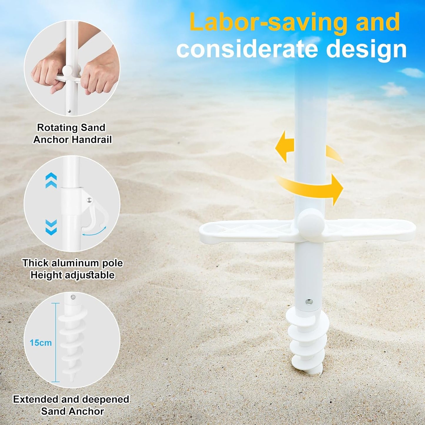 Grandekor 7FT Beach Umbrellas for Sand Heavy Duty Wind Portable Beach Umbrella with Table Travel Beach Umbrella with Carry Bag Sun Umbrella Beach, UV 50+