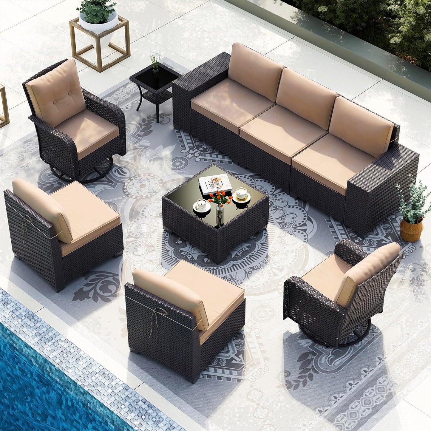 Gotland 7 Pieces Patio Furniture Set with 1 Coffee Table, 6 Seater Wicker Rattan Patio Set with 29.5'' High Backrest Thick Cushions Adjustable Foot Pads, for Porch Deck Garden Green Blue