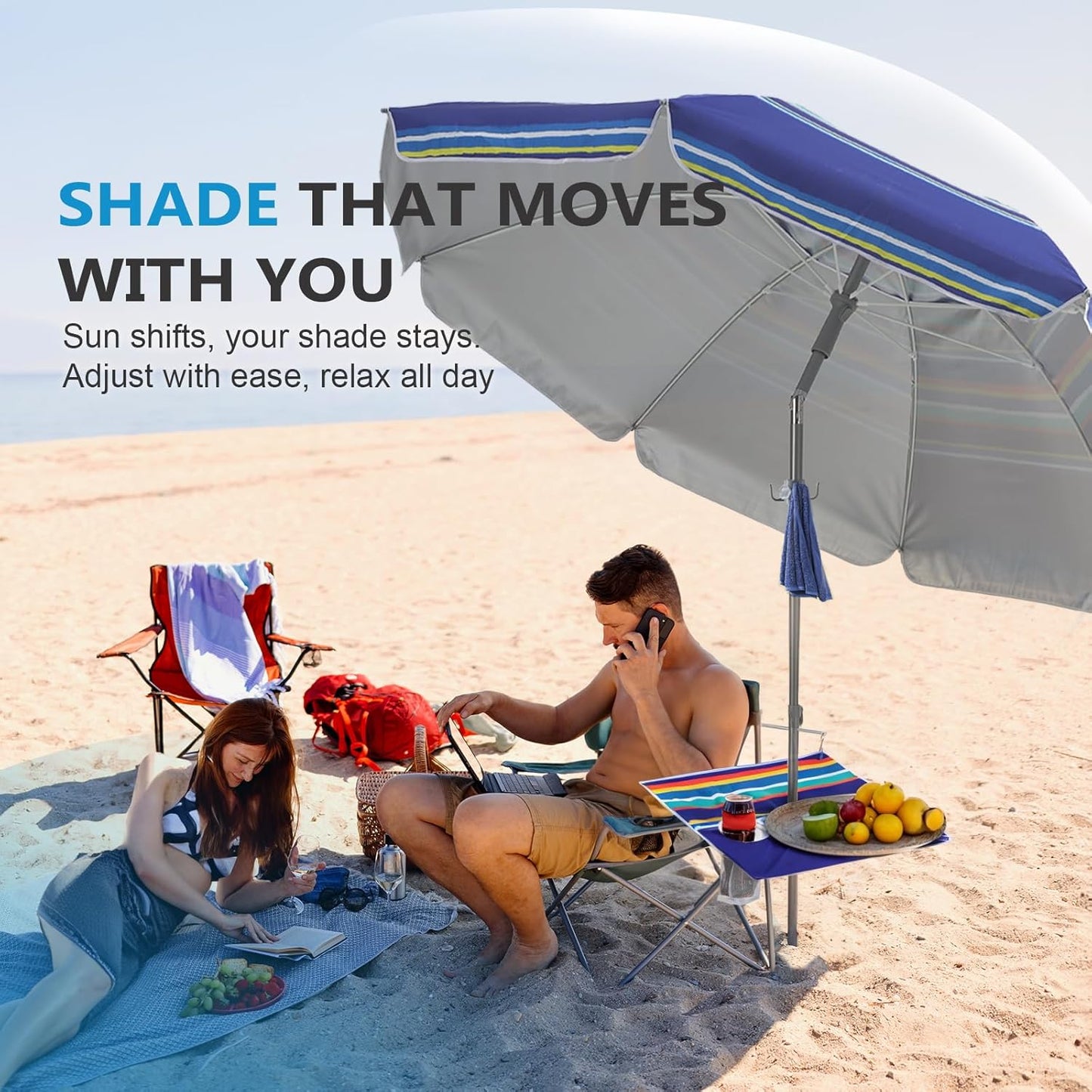 7ft Beach Umbrella featuring a built-in table with Sand Anchor & Tilt, UPF 50+ Protection Beach Umbrellas for Sand, Umbrellas for Heavy Duty Wind Portable with Carry Bag, Dark Blue Stripes(Random pattern)