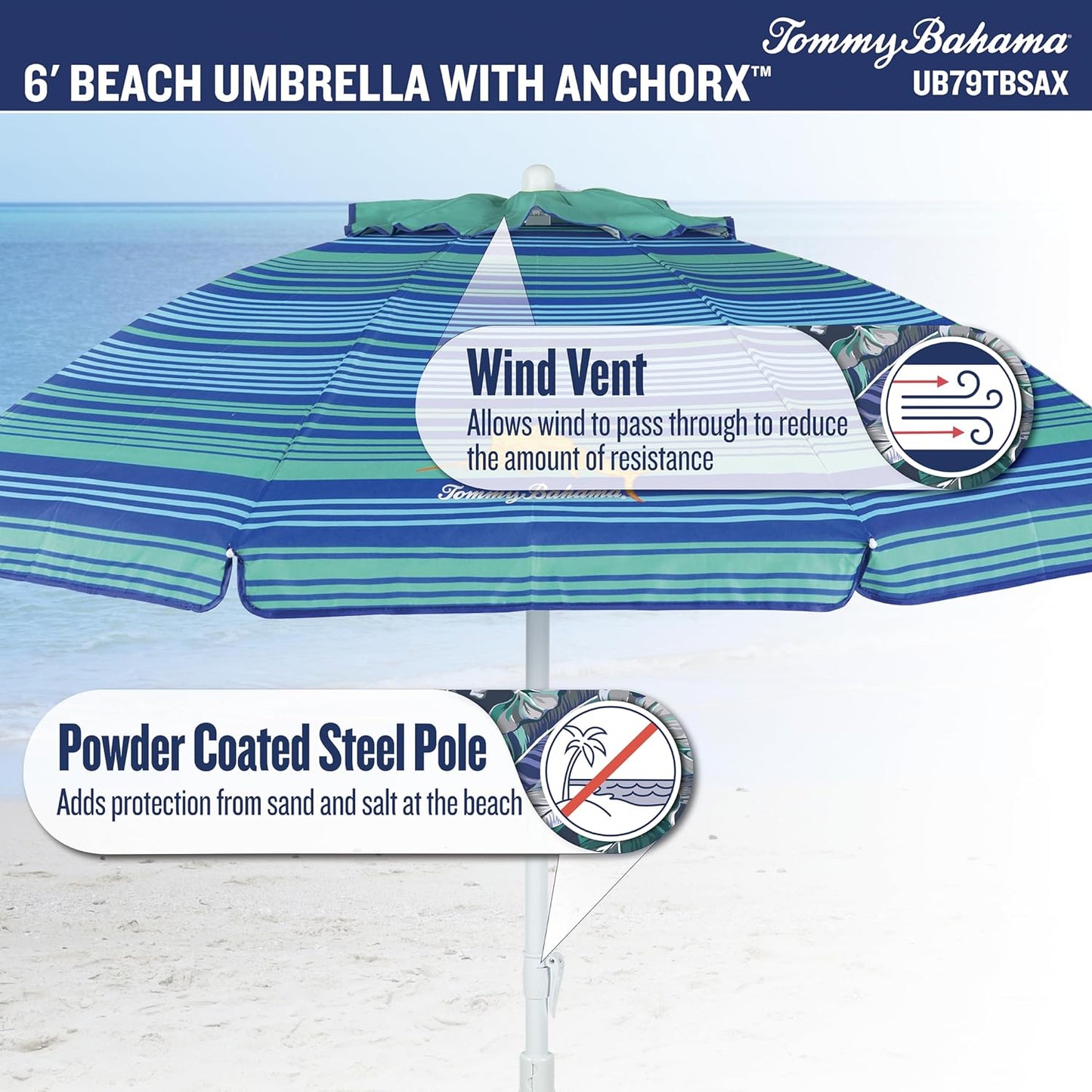Tommy Bahama ANCHORX Adjustable Beach Umbrella Base System with Sand Anchor and Carrying Bag, SPF 50+ Protection Portable Outdoor Market Umbrella