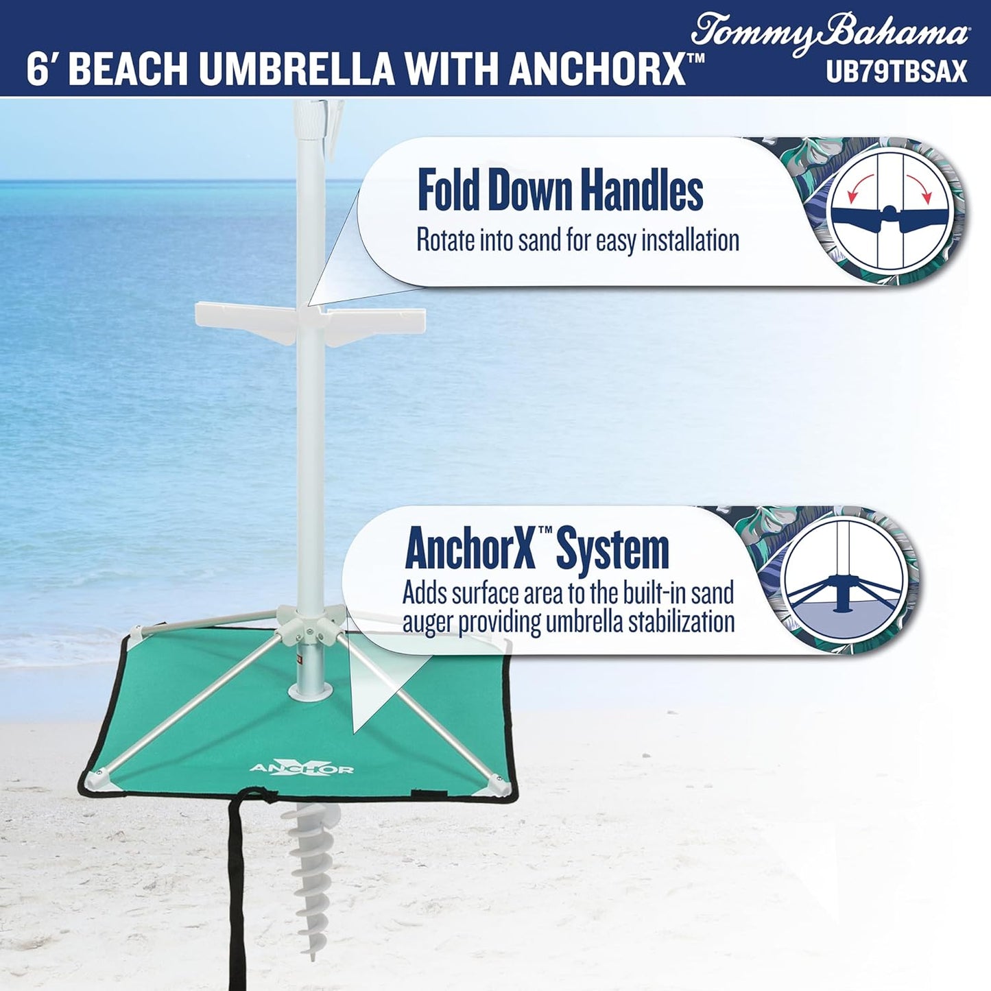Tommy Bahama ANCHORX Adjustable Beach Umbrella Base System with Sand Anchor and Carrying Bag, SPF 50+ Protection Portable Outdoor Market Umbrella