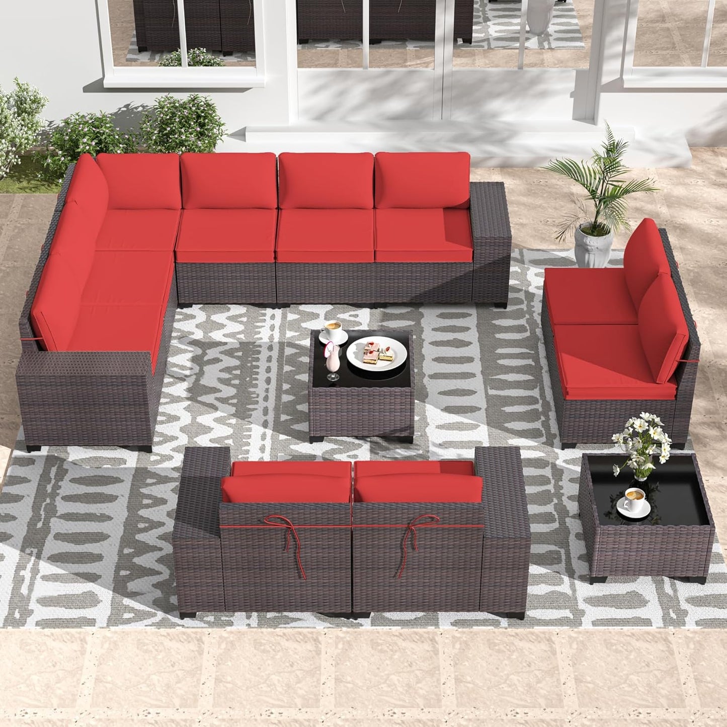 Gotland 7 Pieces Patio Furniture Set with 1 Coffee Table, 6 Seater Wicker Rattan Patio Set with 29.5'' High Backrest Thick Cushions Adjustable Foot Pads, for Porch Deck Garden Green Blue