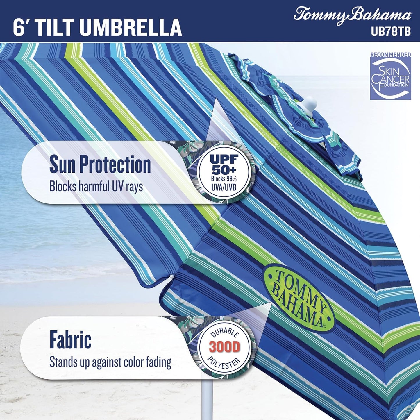 Tommy Bahama 6' UPF 50+ Tilt Beach Umbrella with Integrated Sand Anchor, Wind Vent, and Carry Bag
