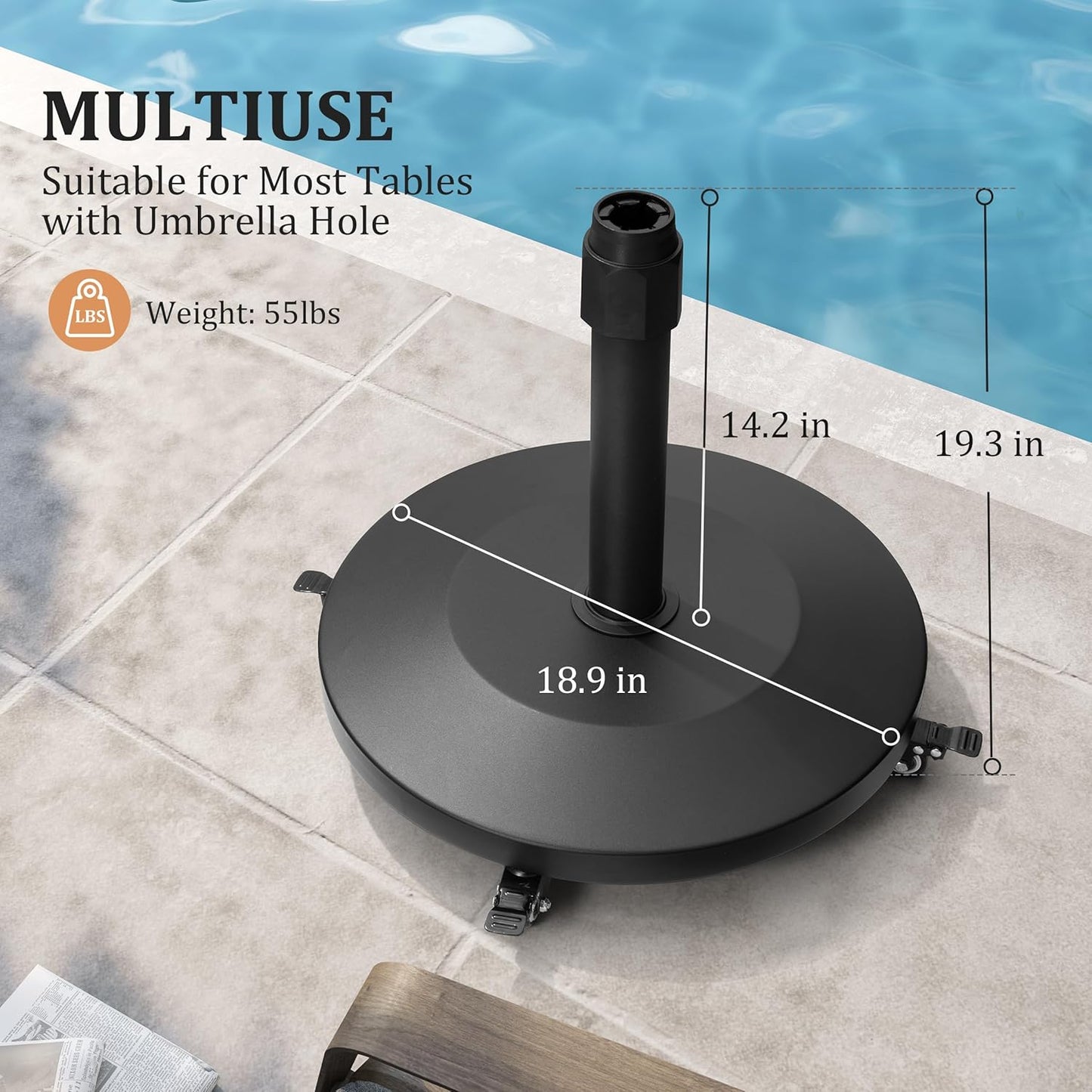 Patio Umbrella Base with 4 Wheels, 55lbs Round Heavy Duty Concrete Stand for Outdoor Market Umbrella, Black
