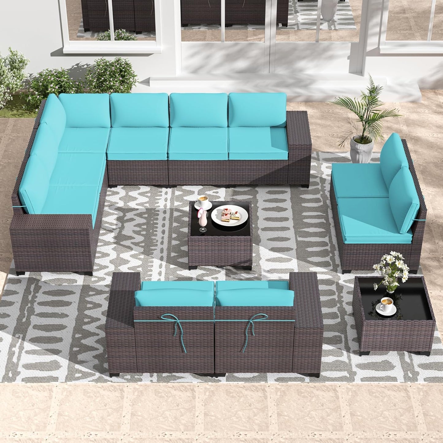 Gotland 7 Pieces Patio Furniture Set with 1 Coffee Table, 6 Seater Wicker Rattan Patio Set with 29.5'' High Backrest Thick Cushions Adjustable Foot Pads, for Porch Deck Garden Green Blue