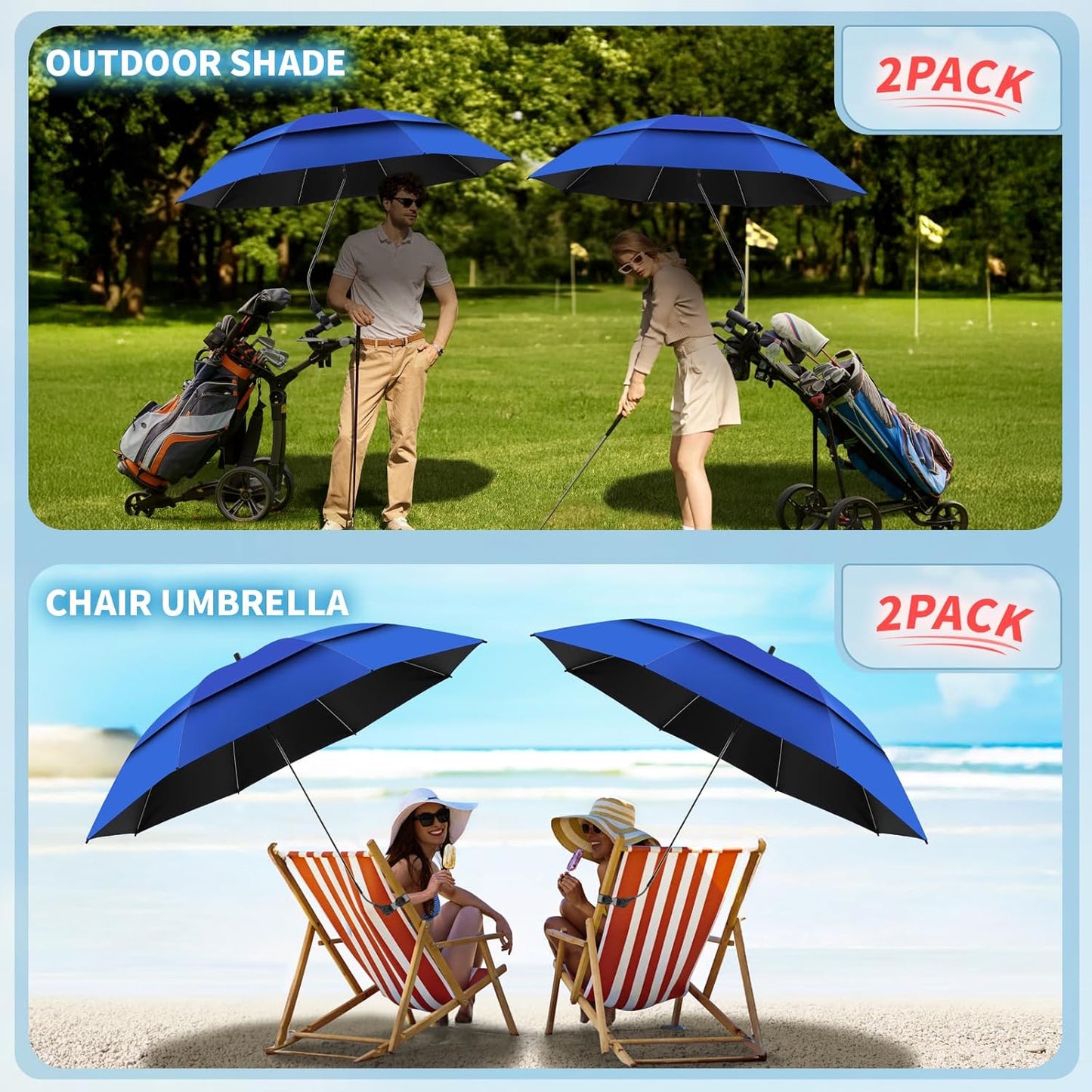 2 Pack 48.6" Double Canopy Beach Umbrella with Clamp, UPF50+ Beach Chair Umbrella with clip, 360°Adjustable Portable Outdoor Wheelchair, Patio, Golf Carts,Camping(Not Include Chair)
