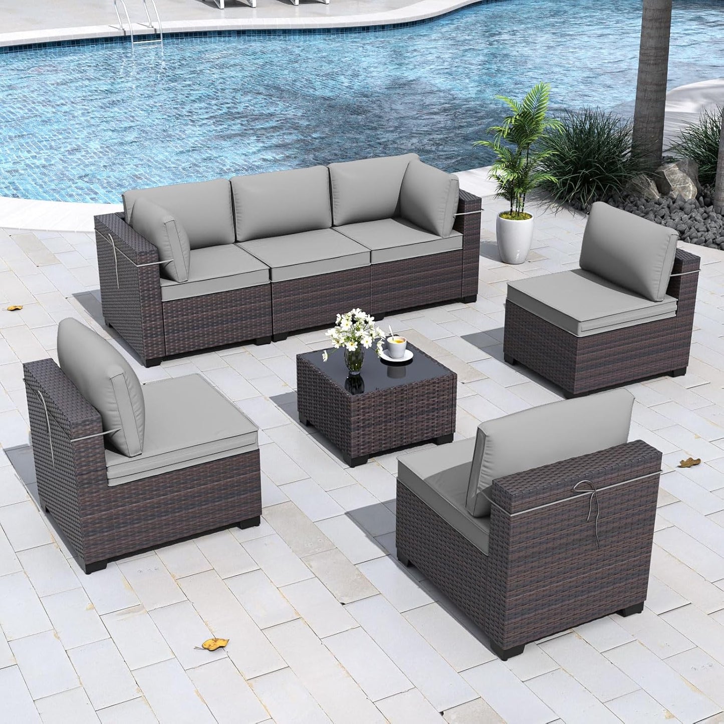 Gotland 7 Pieces Patio Furniture Set with 1 Coffee Table, 6 Seater Wicker Rattan Patio Set with 29.5'' High Backrest Thick Cushions Adjustable Foot Pads, for Porch Deck Garden Green Blue