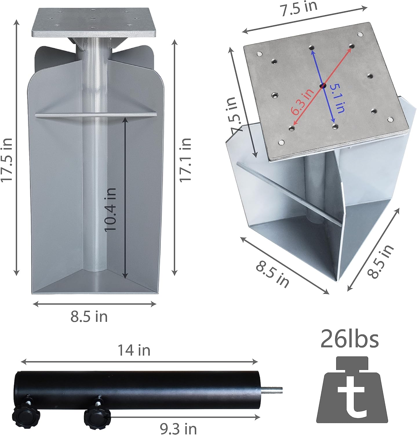 EliteShade USA In-ground Umbrella Base Stand Holder for Offset Cantilever Patio Umbrella, Silver