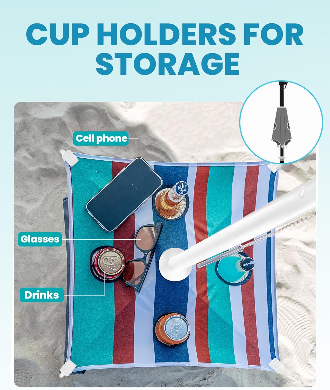OutdoorMaster Beach Umbrellas with Sandbag & Anchor with 4 Cup Holder, 6.5ft Adjustable Umbrella for Beach Heavy Duty Wind, Portable UPF50+ Sunshade with Carry Bag for Patio,Blue Red with Cup Holder