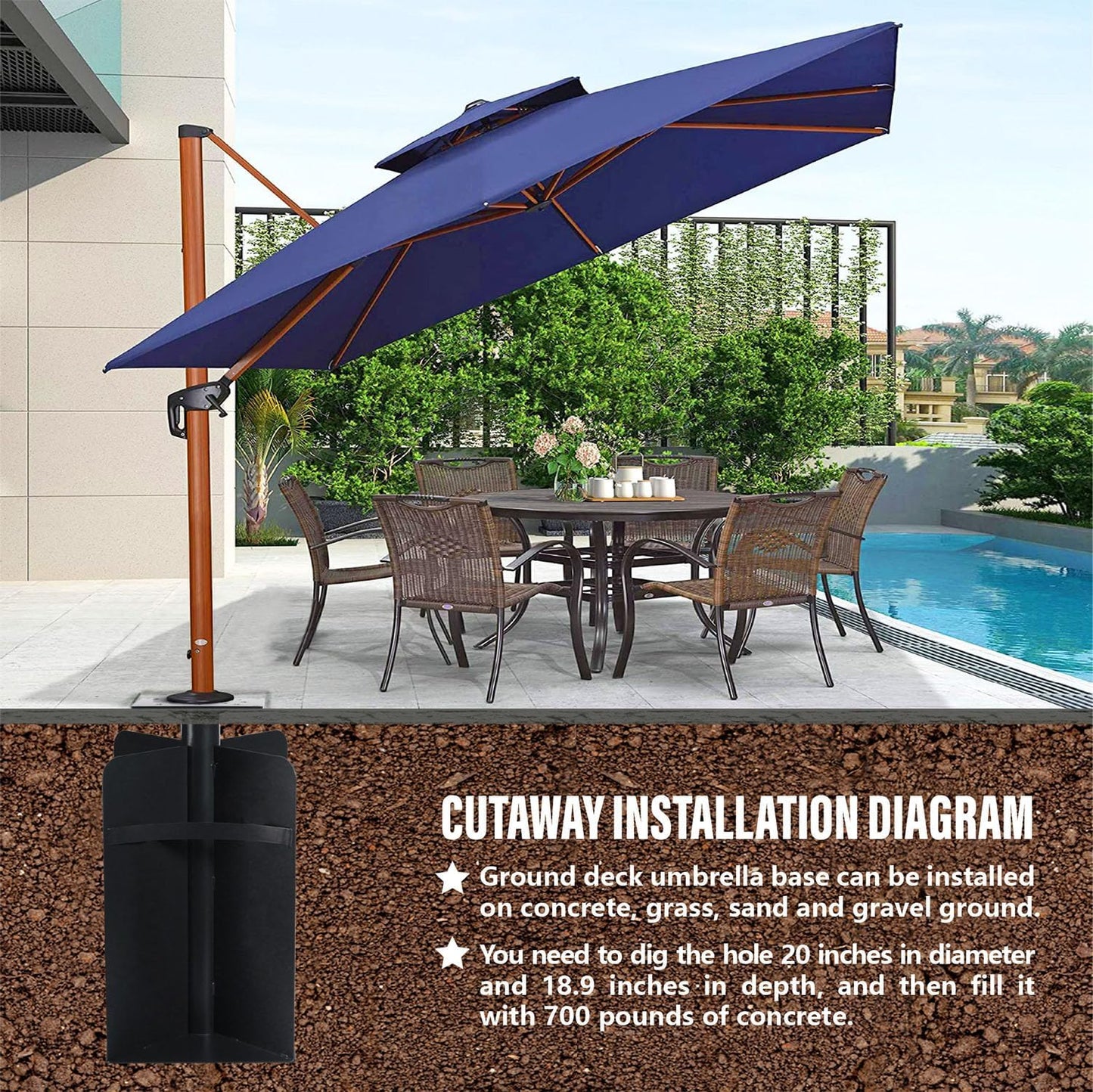 In-ground Umbrella Base for Offset Cantilever Umbrellas, Stainless Steels Outdoor Umbrella Base, Upright Outdoor Umbrella Holder