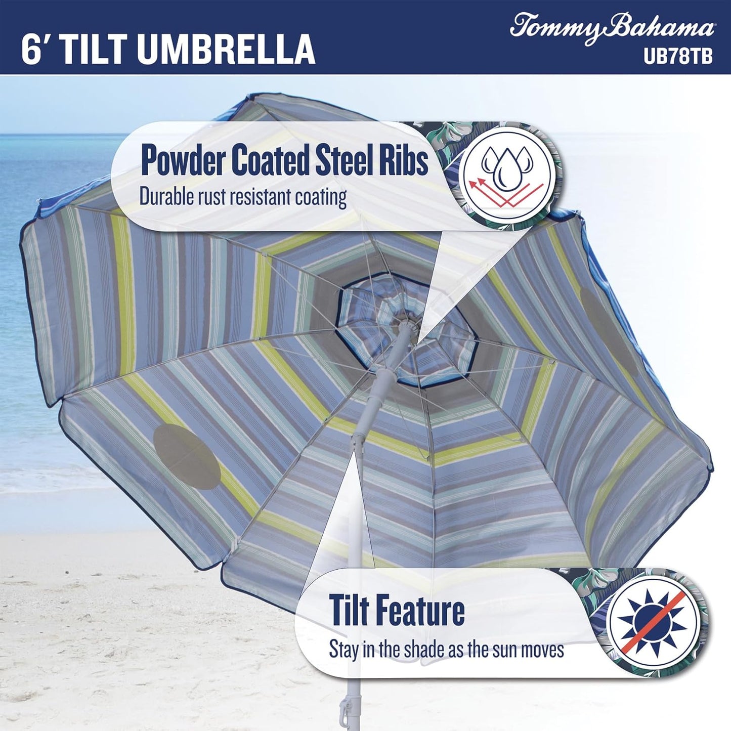 Tommy Bahama 6' UPF 50+ Tilt Beach Umbrella with Integrated Sand Anchor, Wind Vent, and Carry Bag