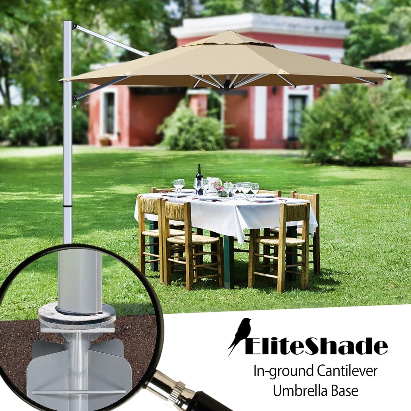 EliteShade USA In-ground Umbrella Base Stand Holder for Offset Cantilever Patio Umbrella, Silver