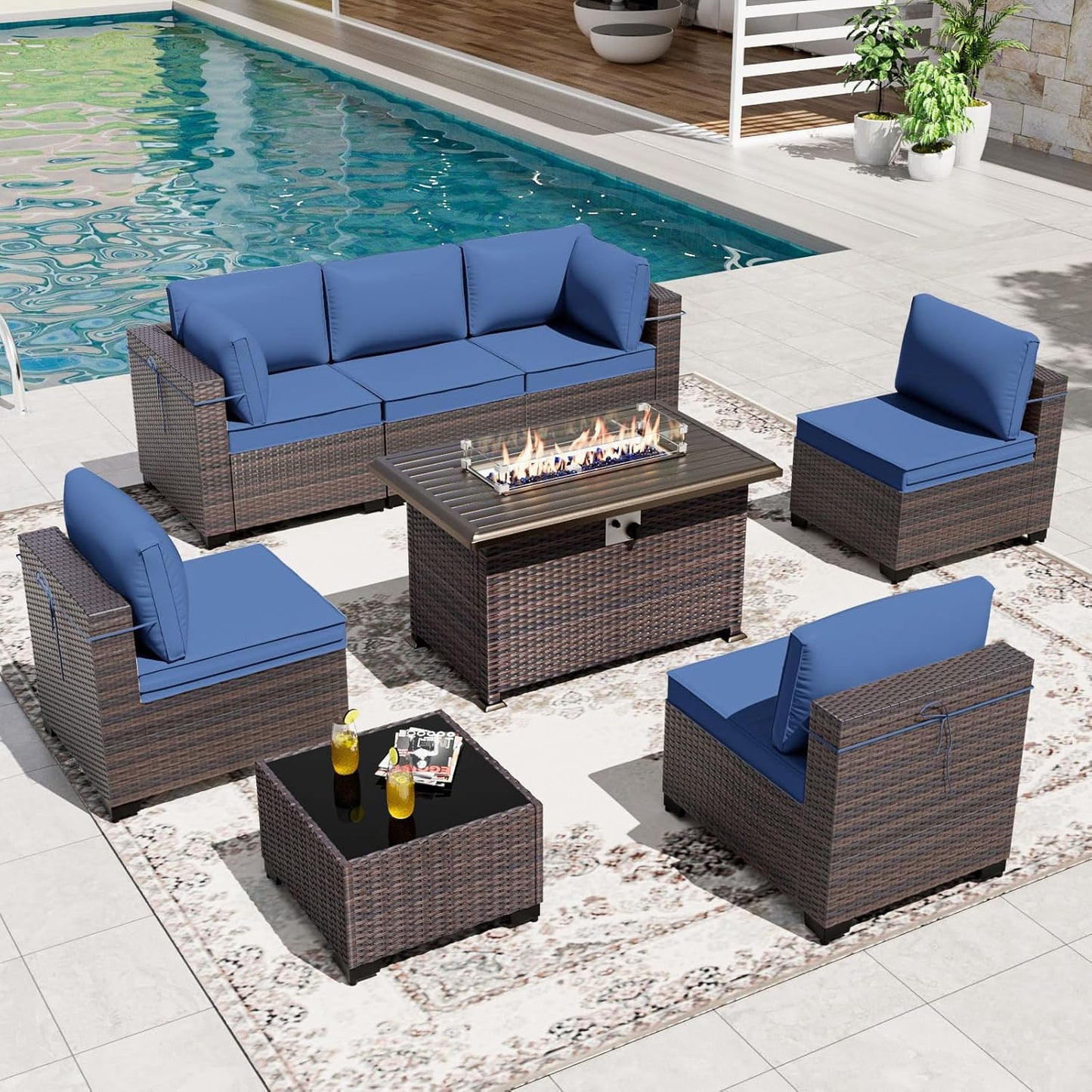 Gotland 7 Pieces Patio Furniture Set with 1 Coffee Table, 6 Seater Wicker Rattan Patio Set with 29.5'' High Backrest Thick Cushions Adjustable Foot Pads, for Porch Deck Garden Green Blue