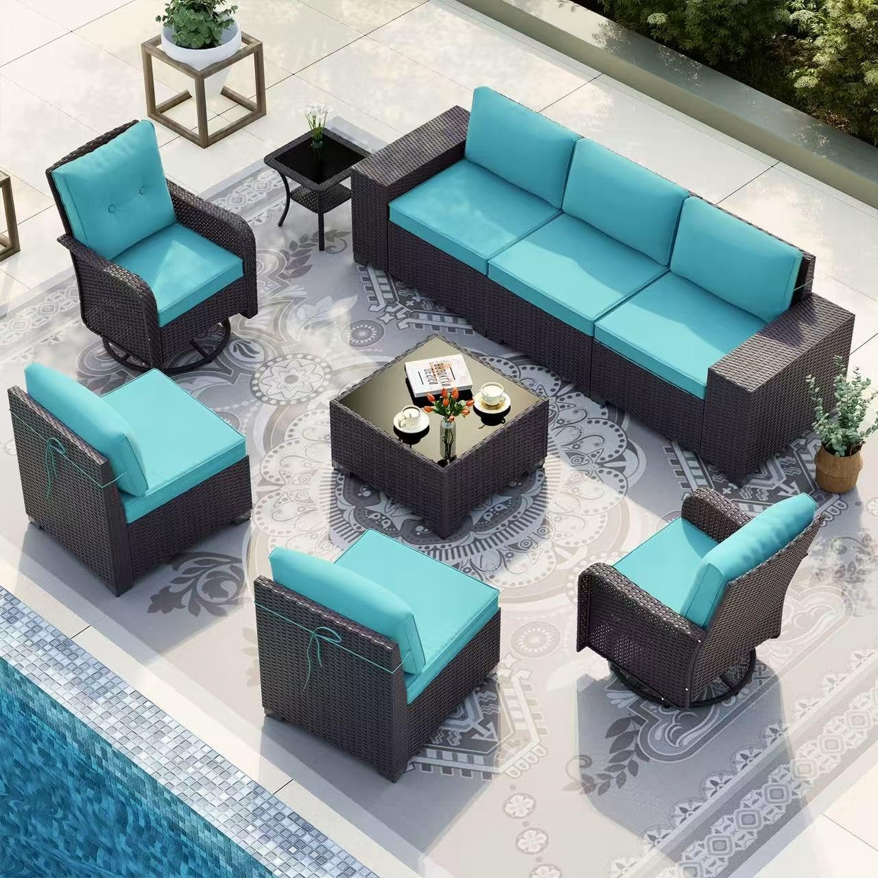 Gotland 7 Pieces Patio Furniture Set with 1 Coffee Table, 6 Seater Wicker Rattan Patio Set with 29.5'' High Backrest Thick Cushions Adjustable Foot Pads, for Porch Deck Garden Green Blue