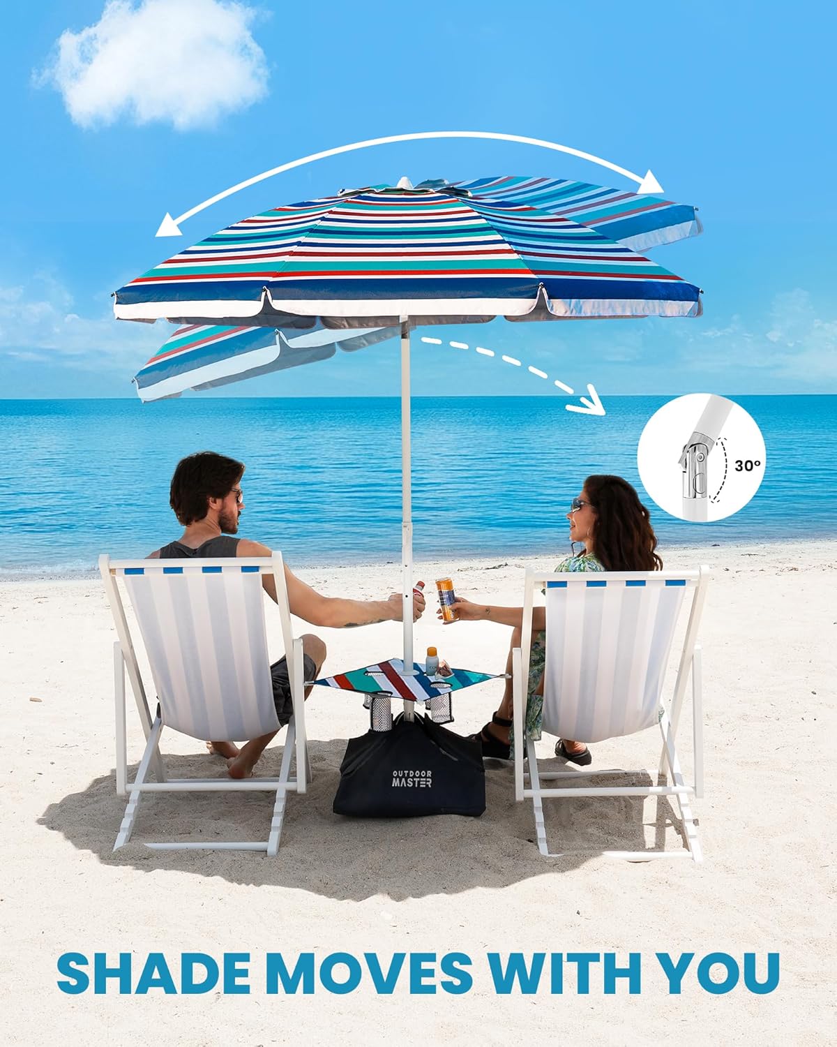 OutdoorMaster Beach Umbrellas with Sandbag & Anchor with 4 Cup Holder, 6.5ft Adjustable Umbrella for Beach Heavy Duty Wind, Portable UPF50+ Sunshade with Carry Bag for Patio,Blue Red with Cup Holder