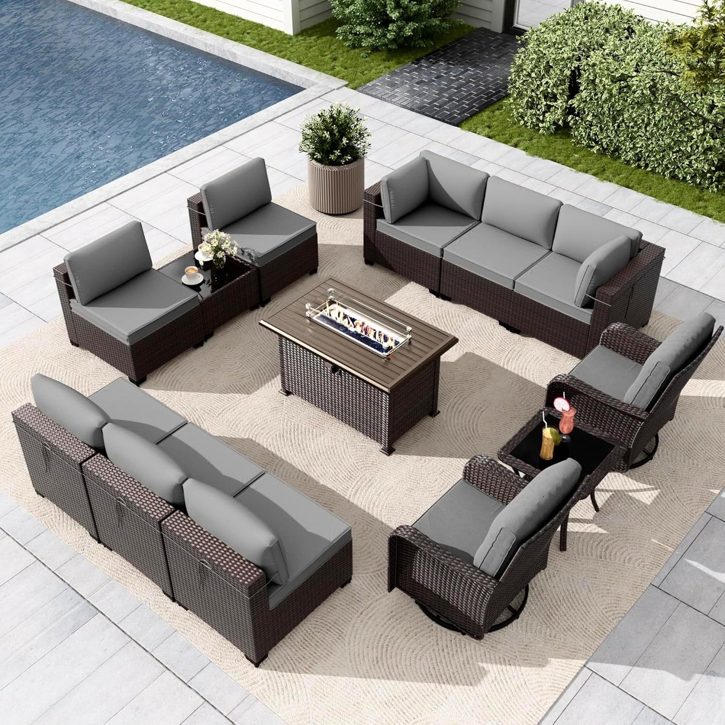 Gotland 7 Pieces Patio Furniture Set with 1 Coffee Table, 6 Seater Wicker Rattan Patio Set with 29.5'' High Backrest Thick Cushions Adjustable Foot Pads, for Porch Deck Garden Green Blue