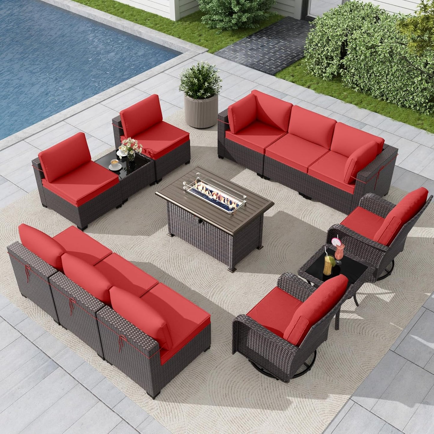 Gotland 7 Pieces Patio Furniture Set with 1 Coffee Table, 6 Seater Wicker Rattan Patio Set with 29.5'' High Backrest Thick Cushions Adjustable Foot Pads, for Porch Deck Garden Green Blue