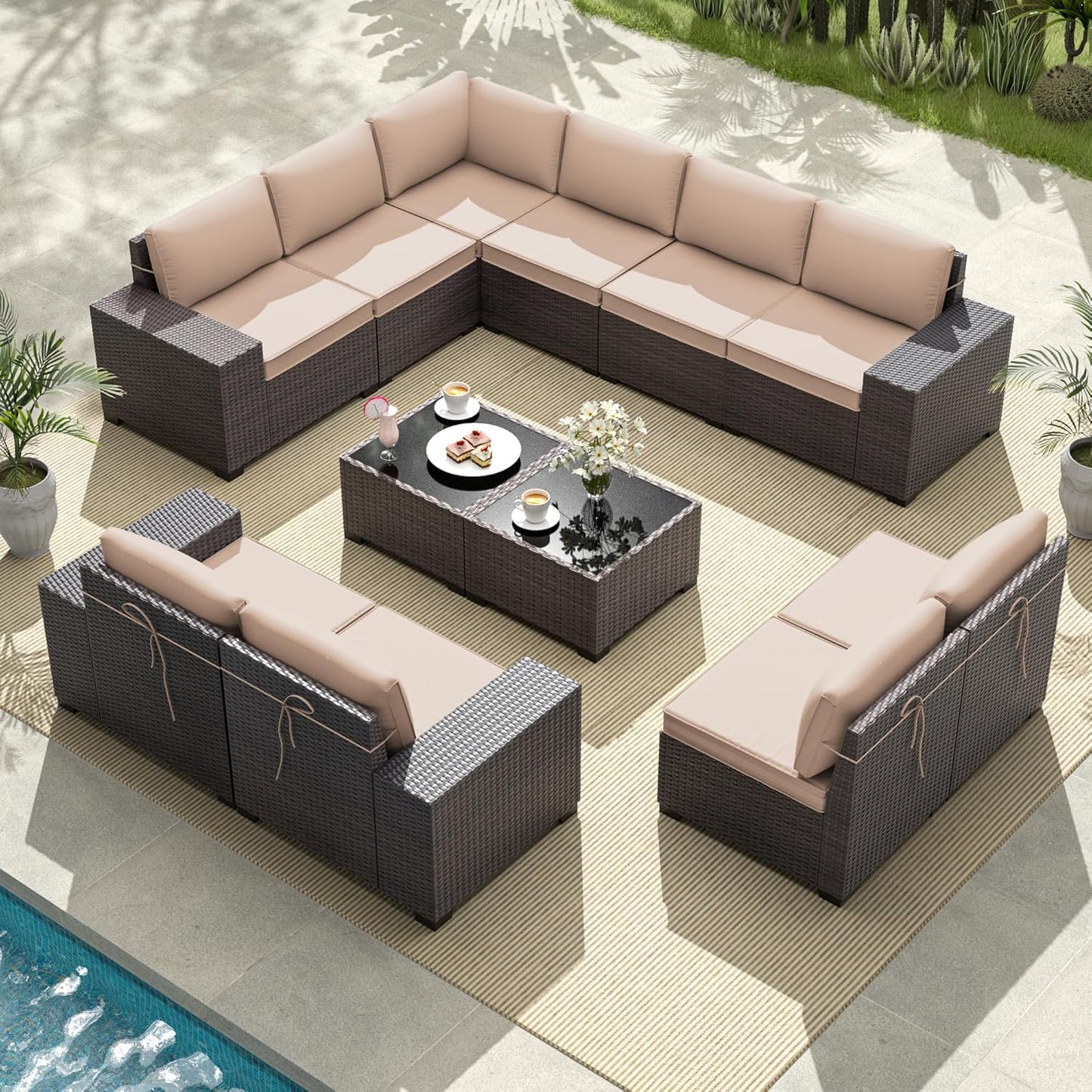 Gotland 7 Pieces Patio Furniture Set with 1 Coffee Table, 6 Seater Wicker Rattan Patio Set with 29.5'' High Backrest Thick Cushions Adjustable Foot Pads, for Porch Deck Garden Green Blue