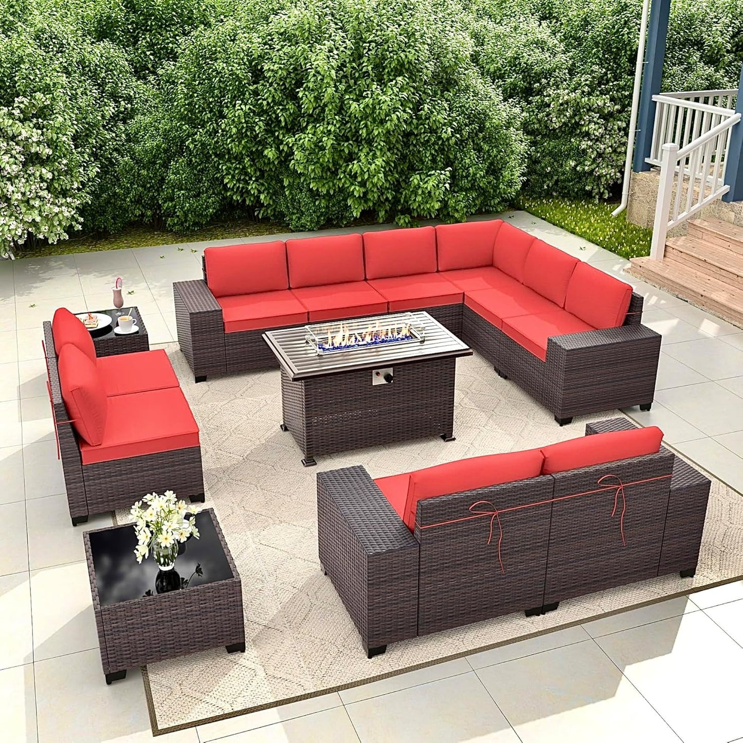 Gotland 7 Pieces Patio Furniture Set with 1 Coffee Table, 6 Seater Wicker Rattan Patio Set with 29.5'' High Backrest Thick Cushions Adjustable Foot Pads, for Porch Deck Garden Green Blue